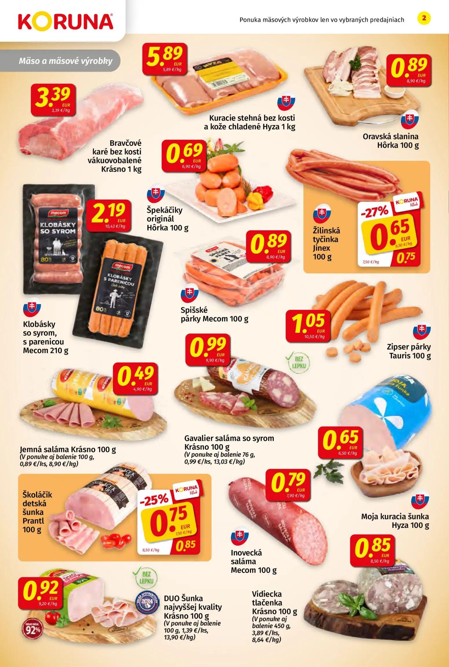 Koruna leták, strana 2 z 24 — Žilinská tyčinka Jinex, Školáčik detská šunka Prantl, Bravčové karé bez kosti vákuovobalené Kr…