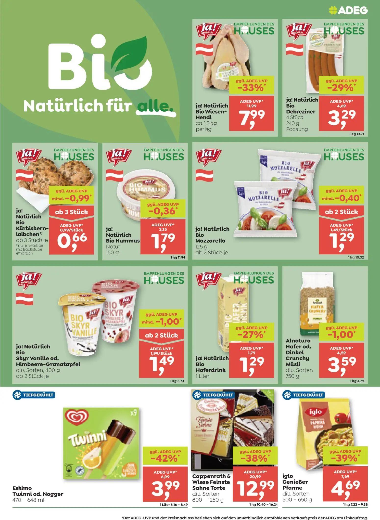 ADEG Prospekt, Seite 5 von 8 — Coppenrath & Wiese Feinste Sahne Torte, ja! Natürlich Bio Wiesen-Hendl, Eskimo Twinni od. Nog…