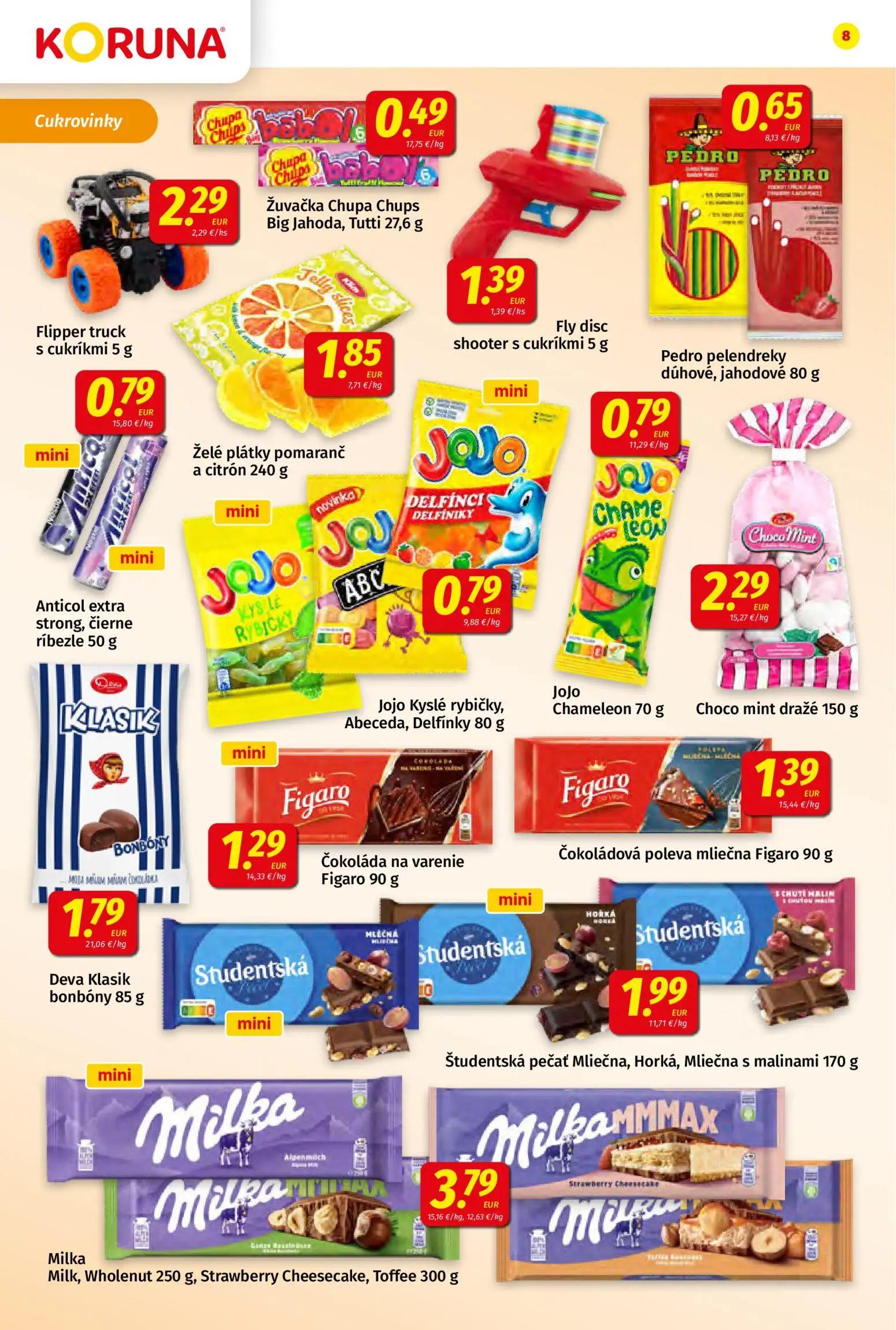 Koruna leták, strana 8 z 24 — Žuvačka Chupa Chups Big Jahoda, Tutti, Flipper truck s cukríkmi, Želé plátky pomaranč a citrón
