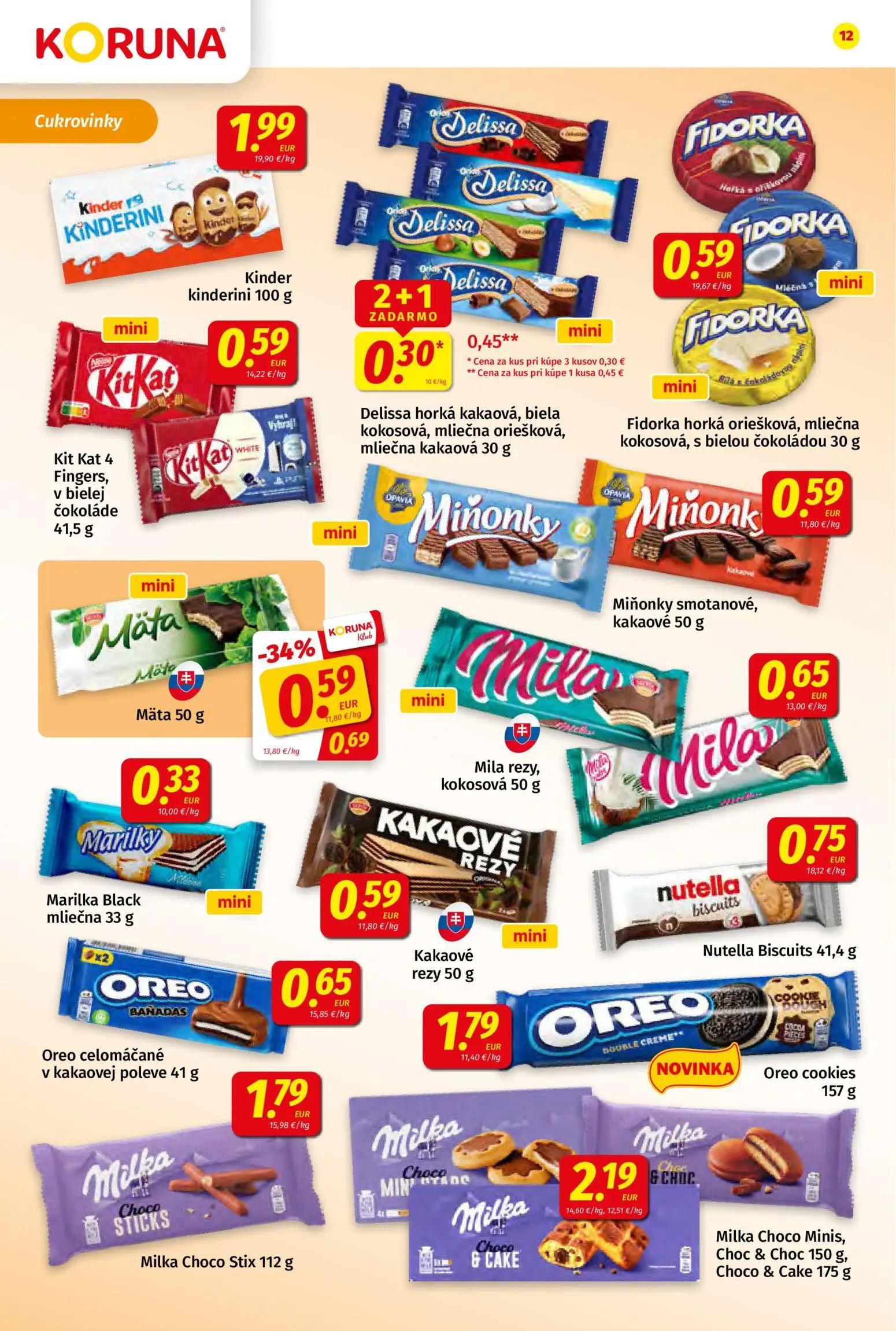 Koruna leták, strana 12 z 24 — Delissa horká kakaová, biela kokosová, mliečna oriešková, mliečna kakaová, Mäta, Kinder kinde…