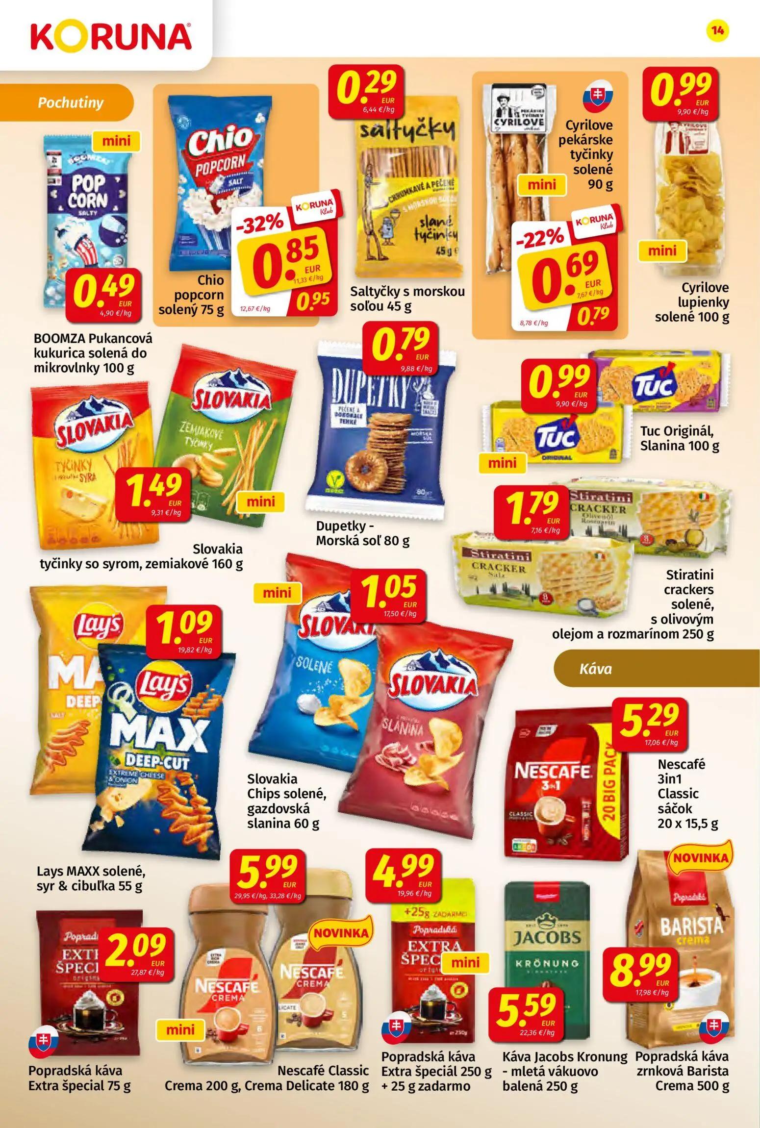Koruna leták, strana 14 z 24 — Chio popcorn solený, Cyrilove pekárske tyčinky solené, BOOMZA Pukancová kukurica solená do mi…