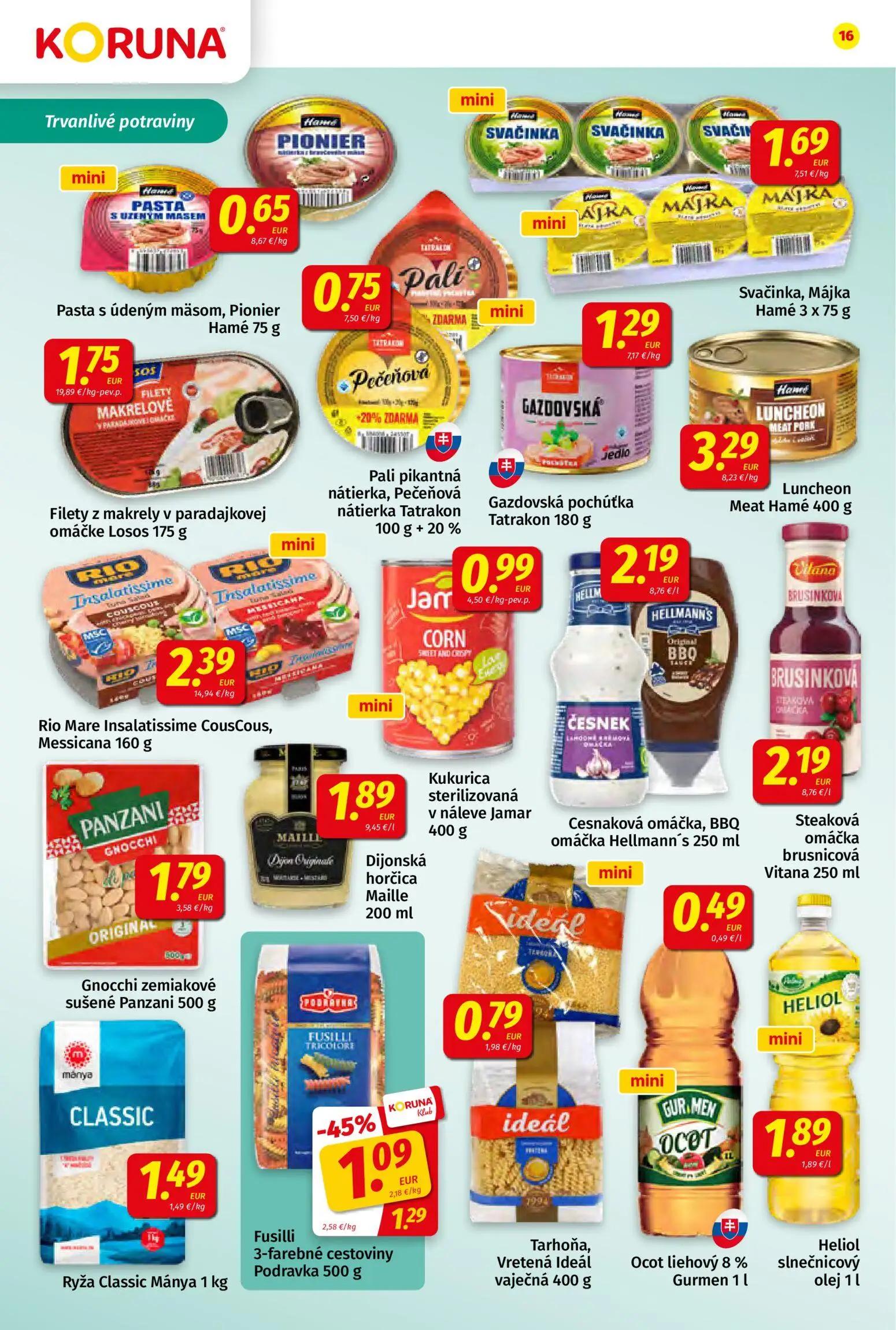 Koruna leták, strana 16 z 24 — Fusilli 3-farebné cestoviny Podravka, Pasta s údeným mäsom, Pionier Hamé, Svačinka, Májka Hamé