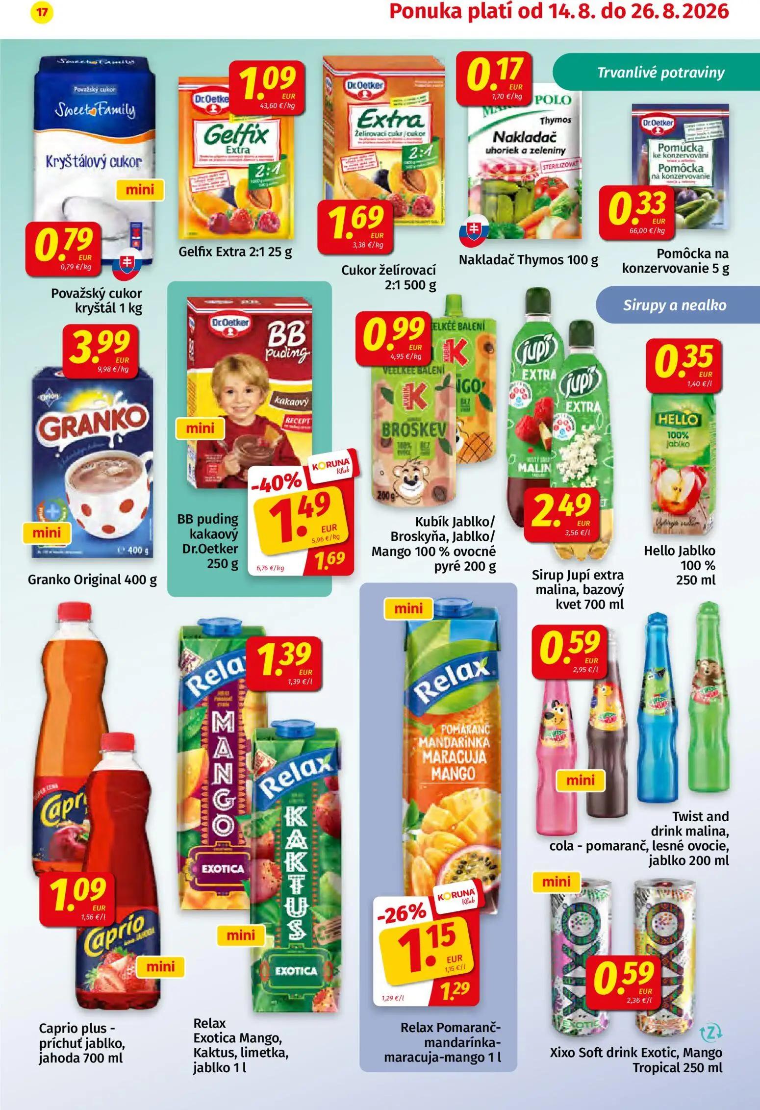 Koruna leták, strana 17 z 24 — BB puding kakaový Dr. Oetker, Relax Pomaranč-mandarínka-maracuja-mango, Považský cukor kryštál