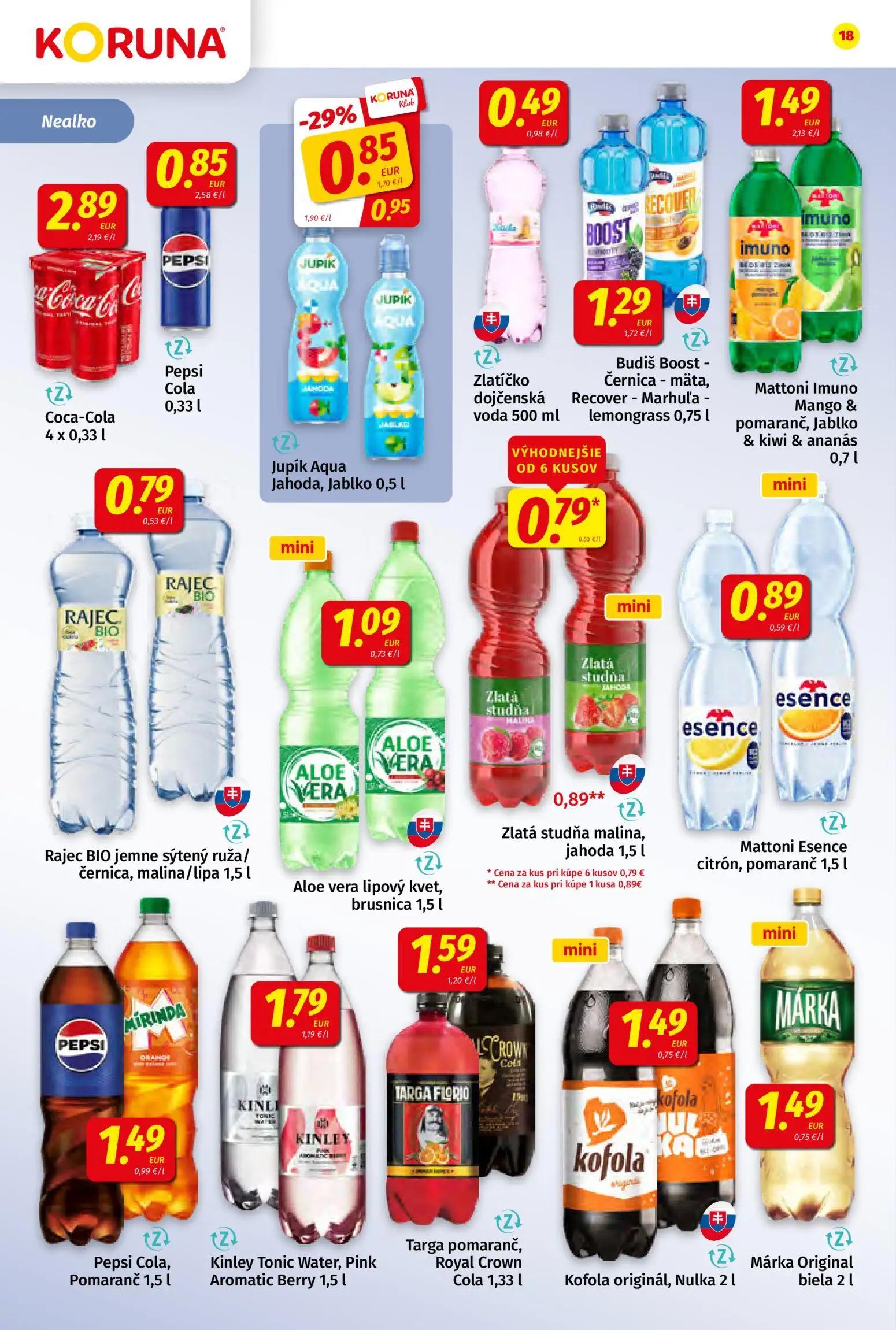 Koruna leták, strana 18 z 24 — Jupík Aqua Jahoda, Jablko, Zlatá studňa malina, jahoda, Coca-Cola