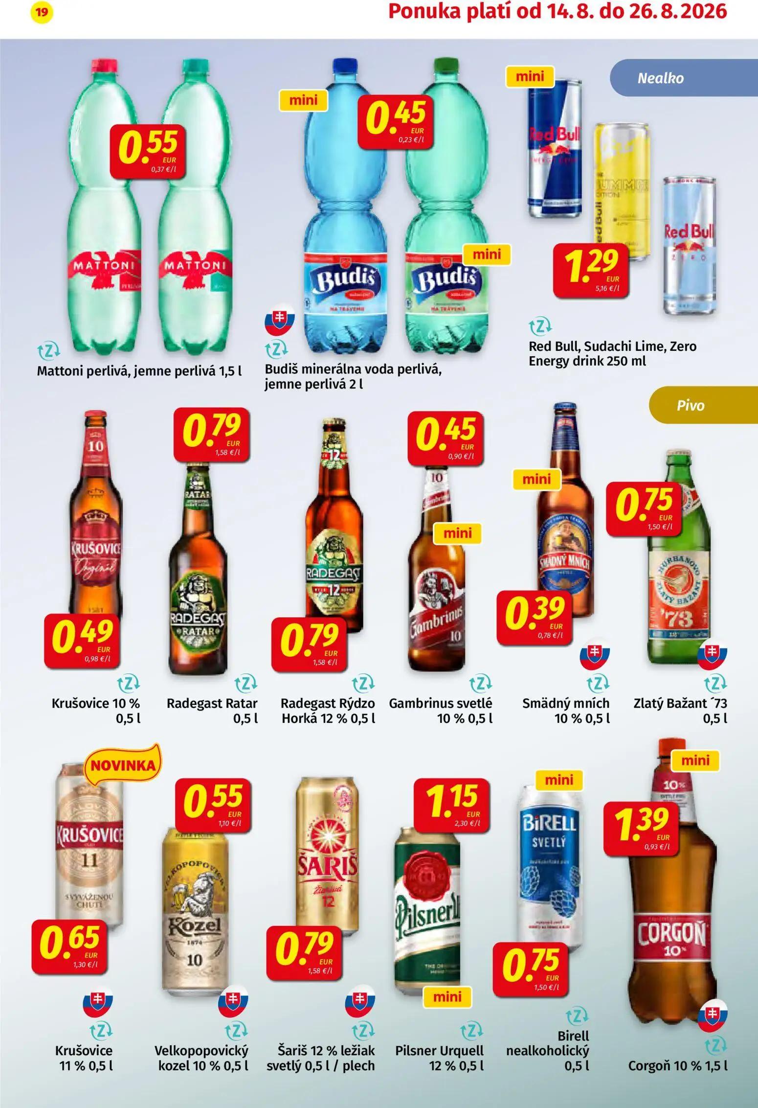 Koruna leták, strana 19 z 24 — Mattoni perlivá, jemne perlivá, Budiš minerálna voda perlivá, jemne perlivá, Red Bull, Sudach…