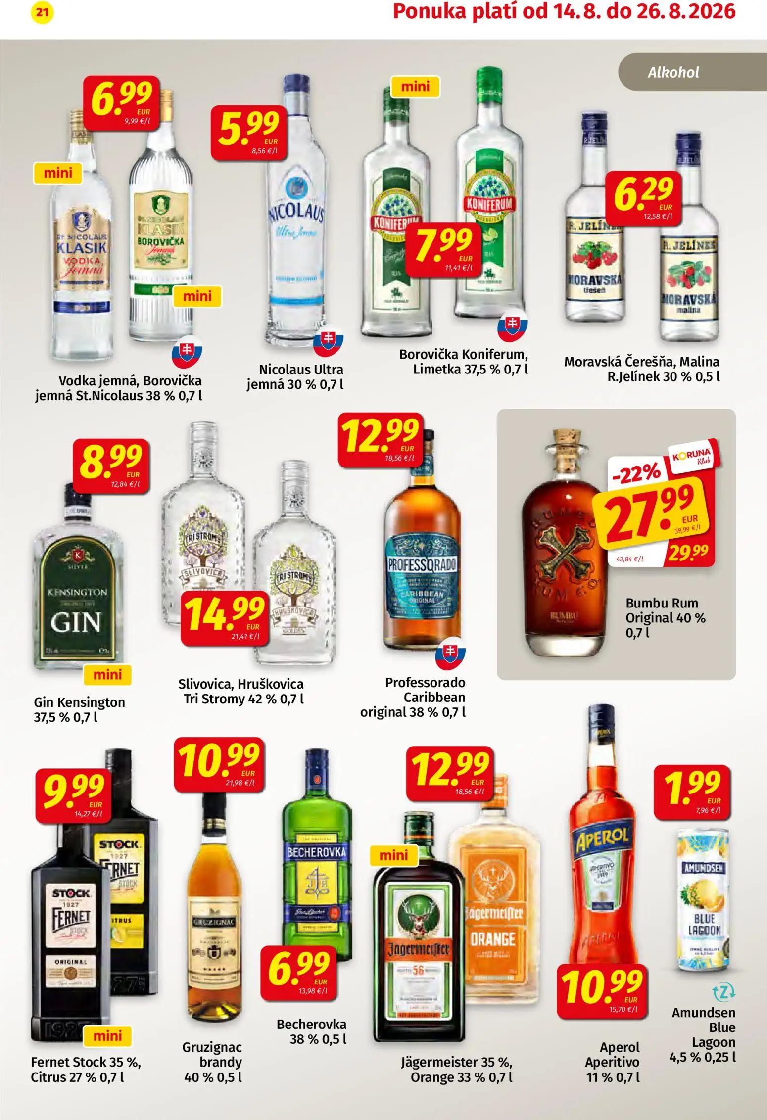 Koruna leták, strana 21 z 24 — Bumbu Rum Original 40%, Vodka jemná, Borovička jemná St. Nicolaus 38%, Nicolaus Ultra jemná 3…