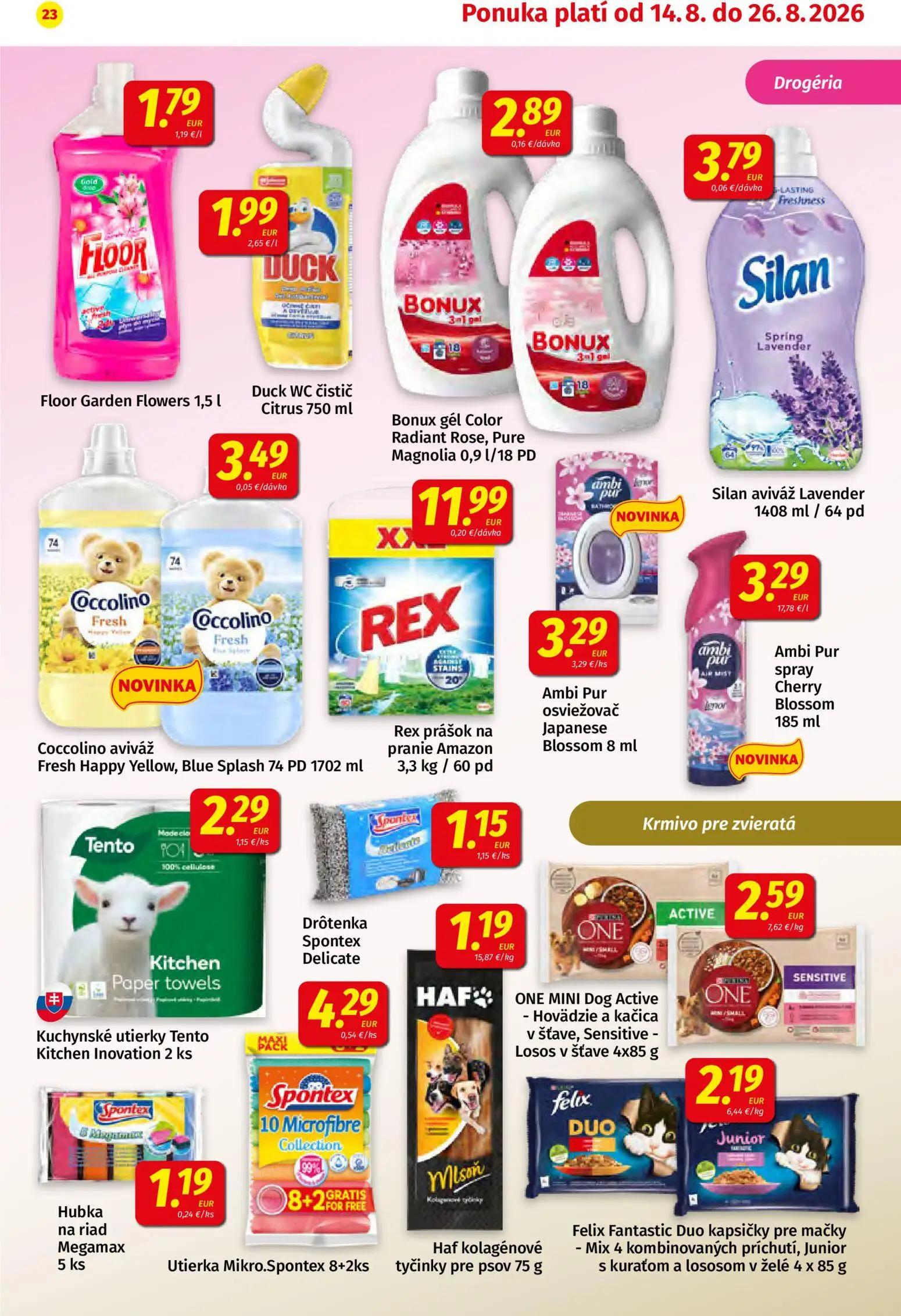 Koruna leták, strana 23 z 24 — Floor Garden Flowers, Duck WC čistič Citrus, Bonux gél Color Radiant Rose, Pure Magnolia