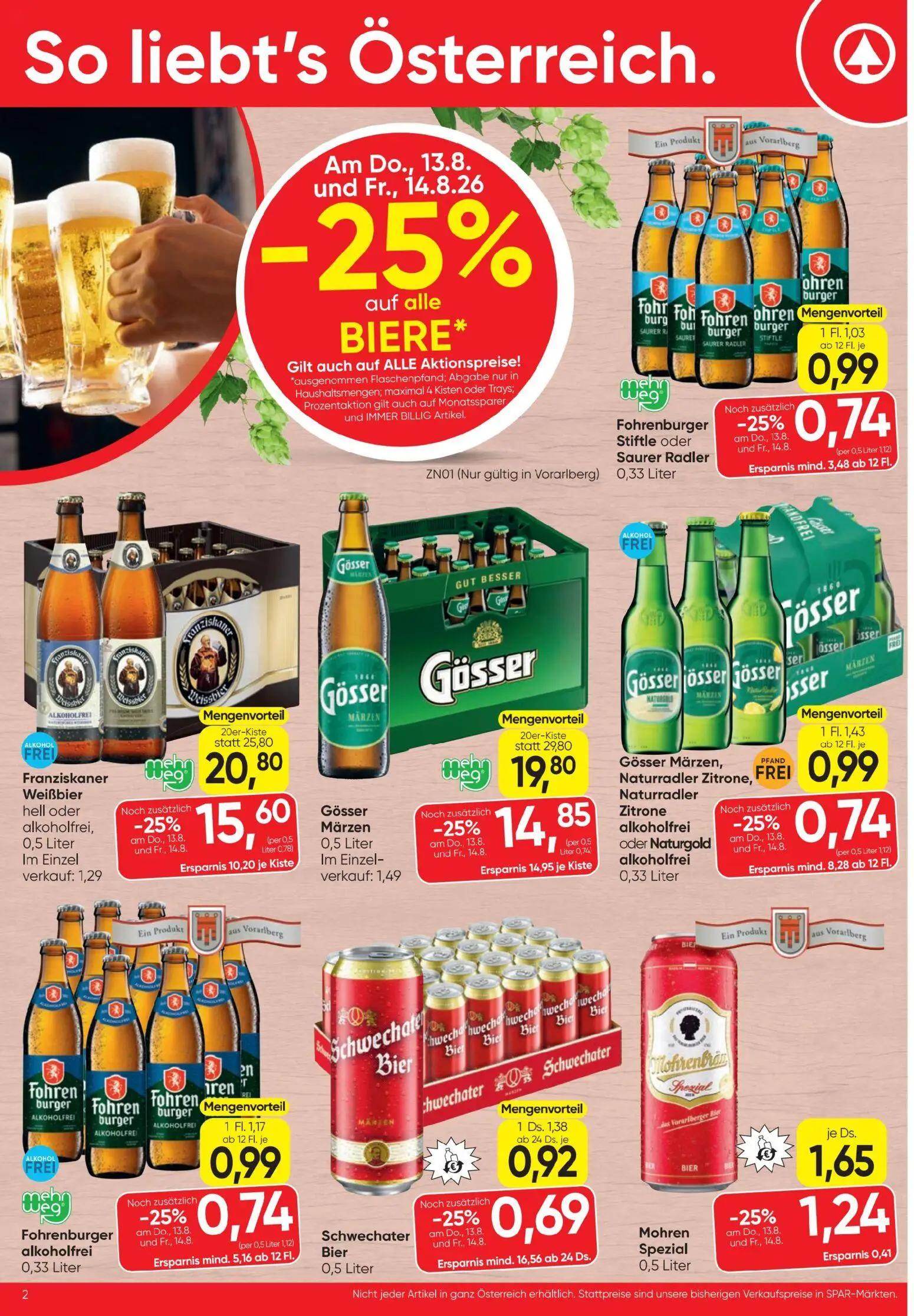 Spar Prospekt, Seite 2 von 20 — Gösser Märzen, Franziskaner Weißbier hell oder alkoholfrei, Gösser Märzen, Naturradler Zitro…