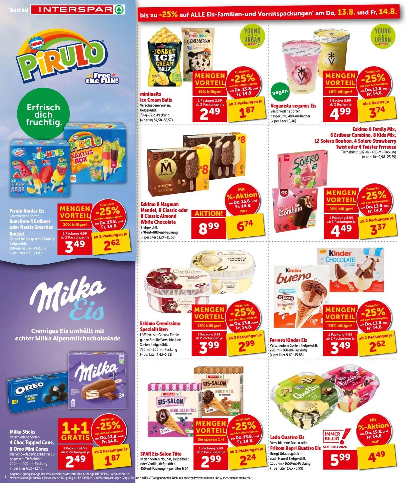 Interspar Prospekt, Seite 4 von 20 — Milka Sticks, Eskimo Cremissimo Spezialitäten, Eskimo 6 Family Mix, 6 Erdbeer Combino, …