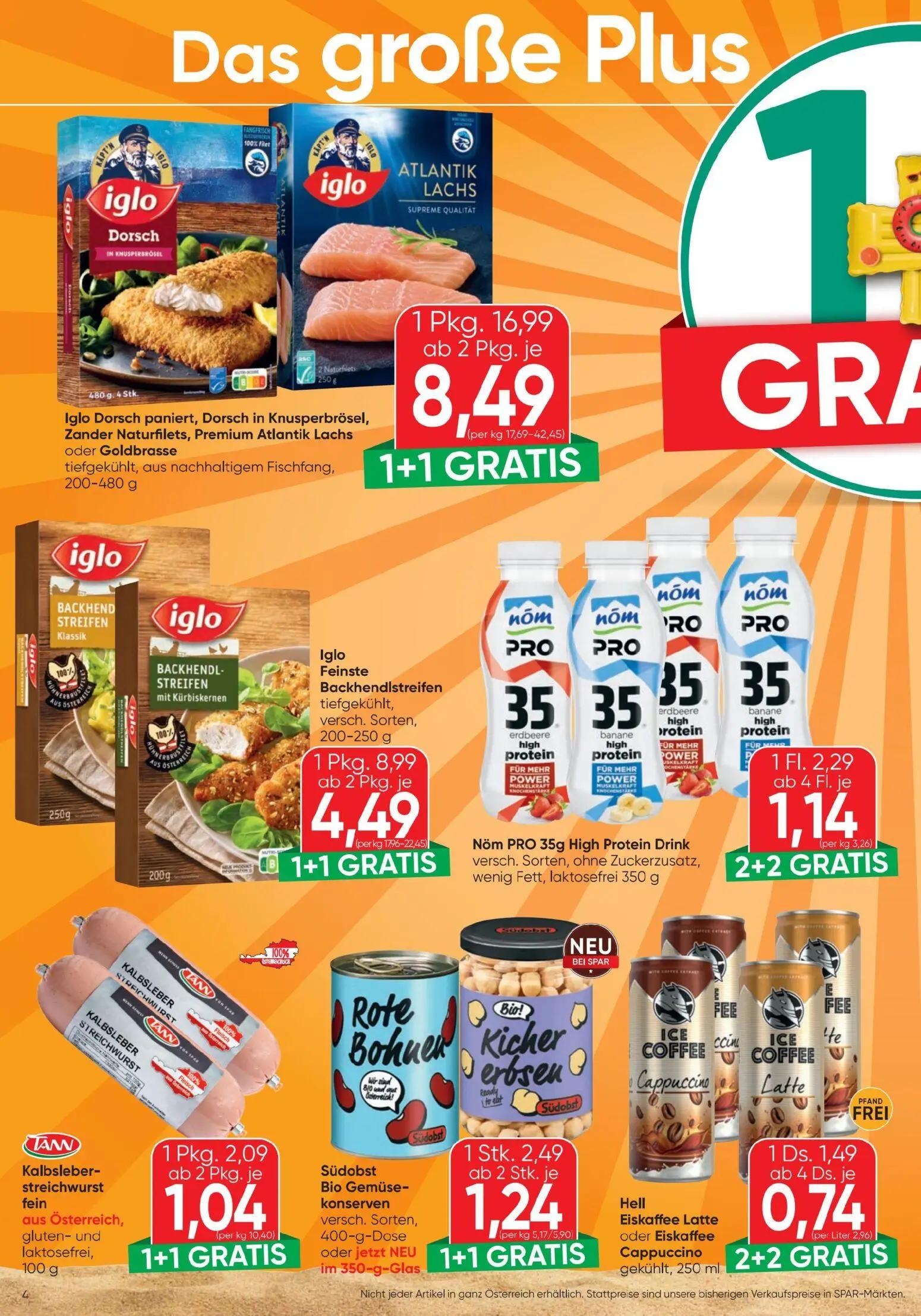 Spar Prospekt, Seite 4 von 20 — Iglo Dorsch paniert, Dorsch in Knusperbrösel, Zander Naturfilets, Premium Atlantik Lachs ode…