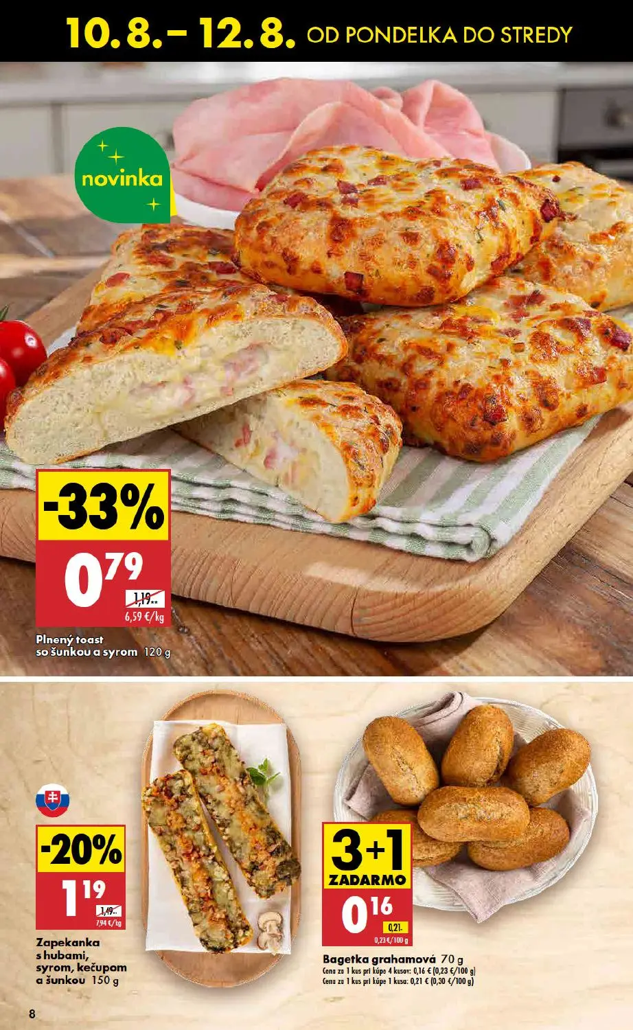 Biedronka leták, strana 8 z 11 — Plnený toast so šunkou a syrom, Zapekanka s hubami, syrom, kečupom a šunkou, Bagetka graham…
