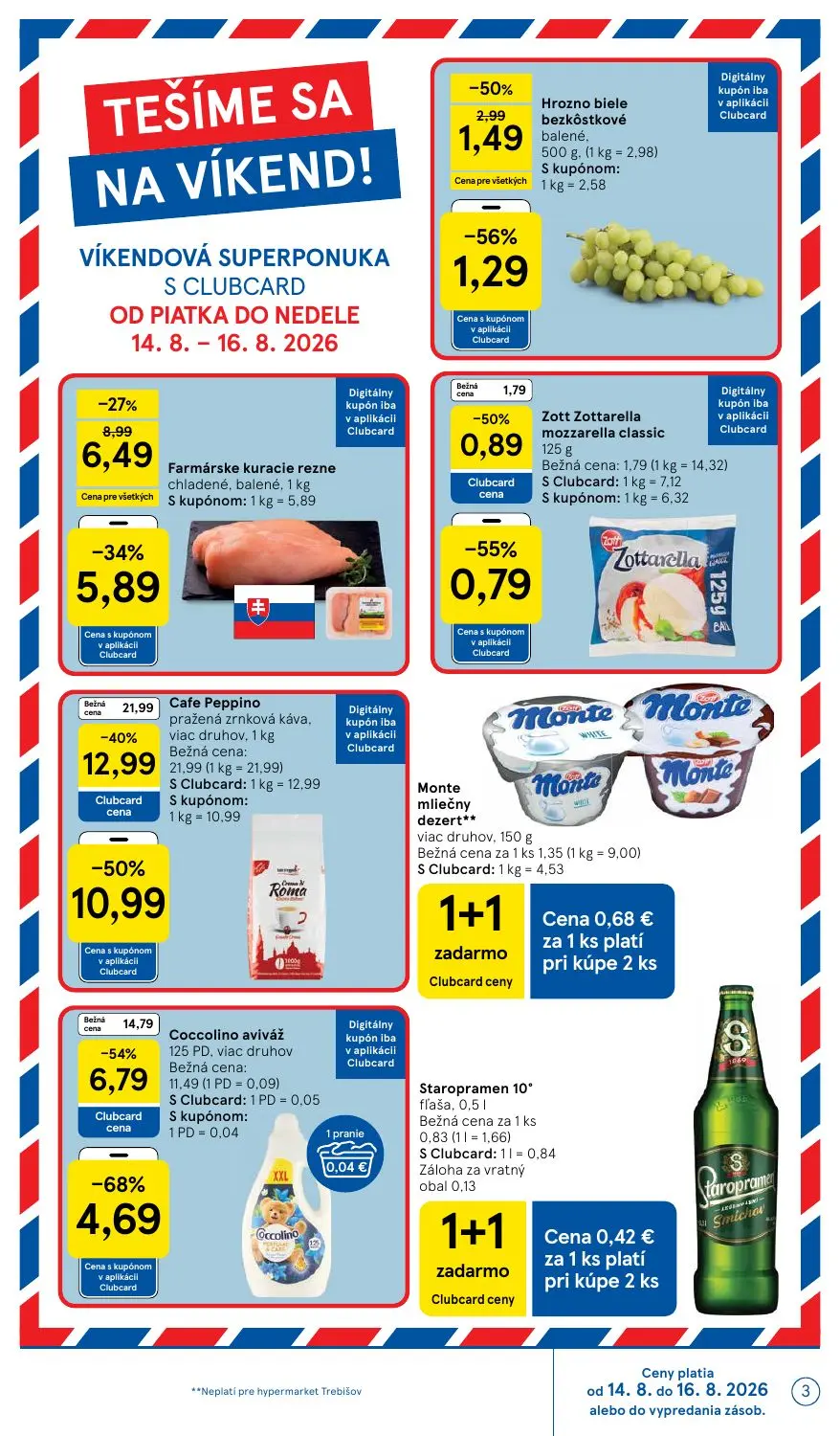 Tesco leták, strana 3 z 54 — Cafe Peppino pražená zrnková káva, viac druhov,, Hrozno biele bezkôstkové balené,