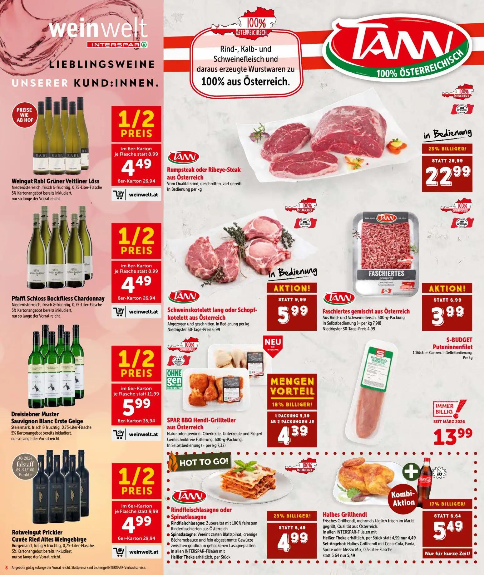 Interspar Prospekt, Seite 8 von 20 — Rumpsteak oder Ribeye-Steak aus Österreich, Schweinskotelett lang oder Schopf-kotelett …