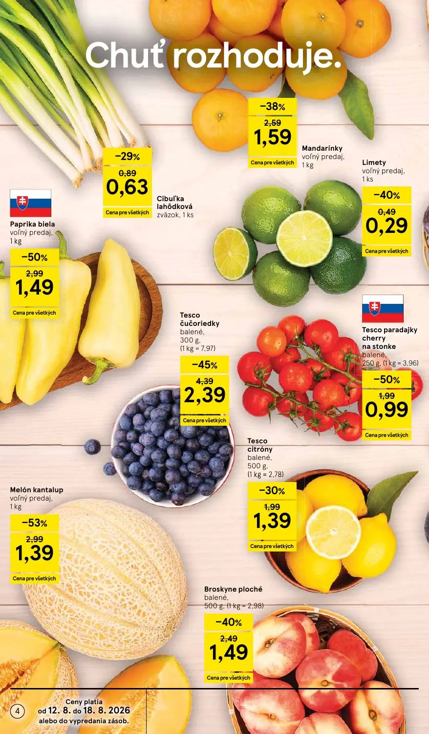 Tesco leták, strana 4 z 54 — Tesco čučoriedky, Mandarínky, Broskyne ploché