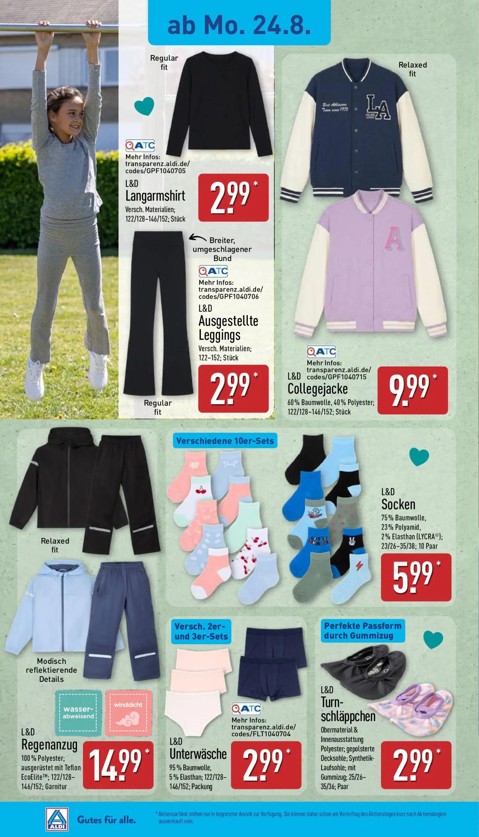Aldi Nord Prospekt, Seite 7 von 14 — Langarmshirt, Ausgestellte Leggings, Collegejacke