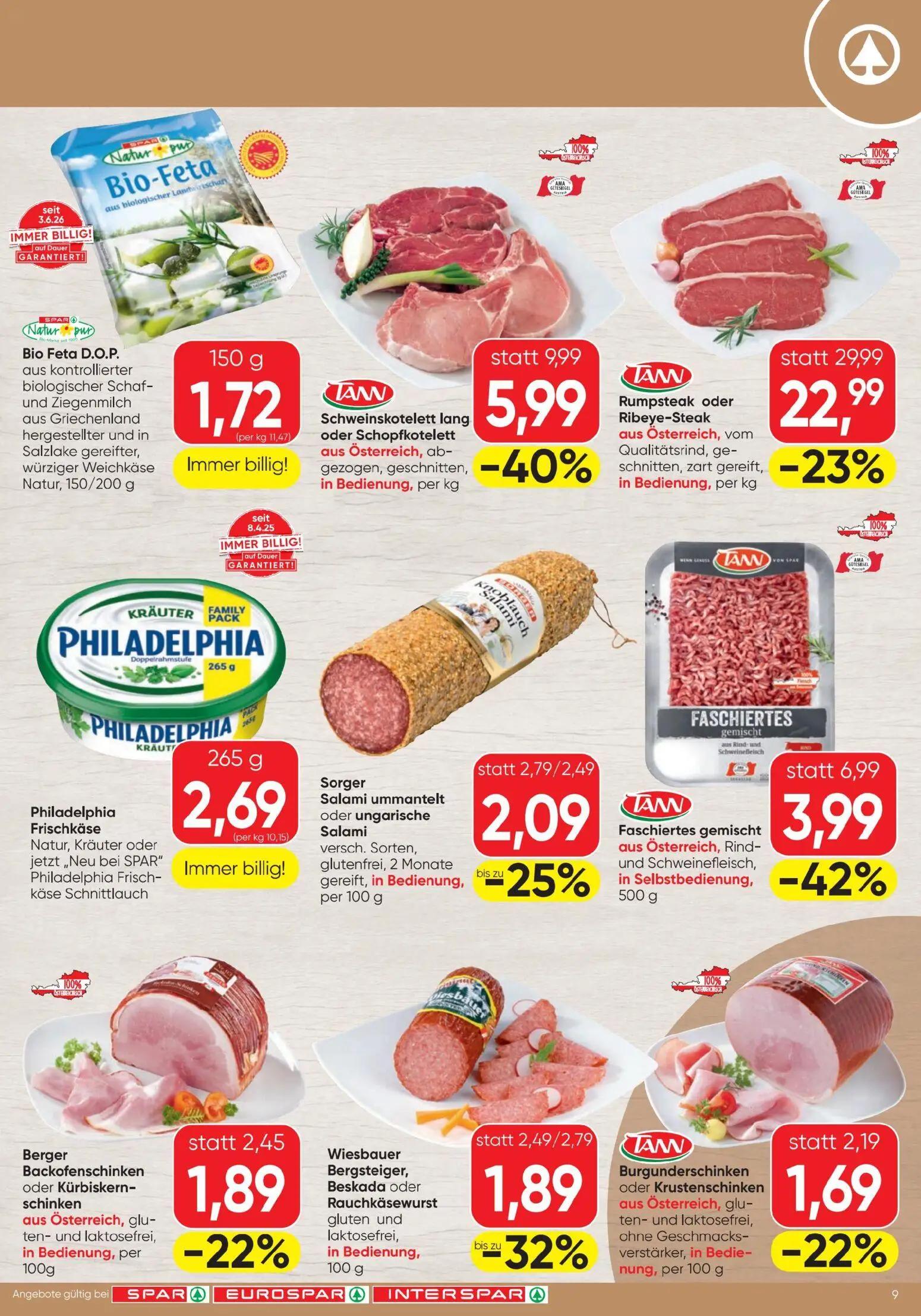 Spar Prospekt, Seite 9 von 20 — Rumpsteak oder Ribeye-Steak, Schweinskotelett lang oder Schopfkotelett, Sorger Salami ummant…