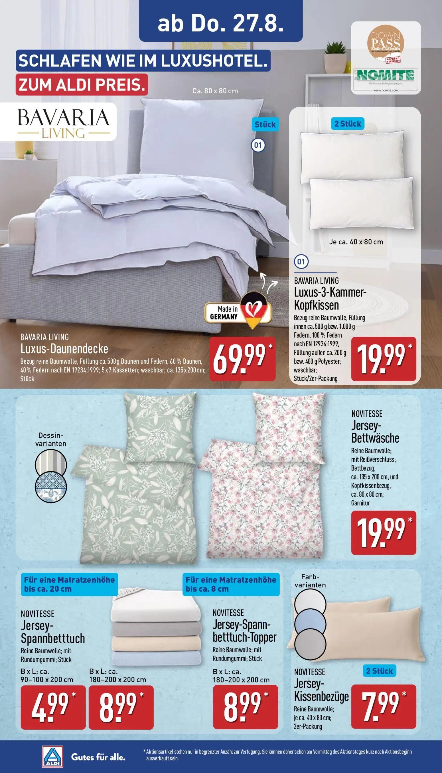 Aldi Nord Prospekt, Seite 9 von 14 — Jersey-Spannbetttuch, Luxus-Daunendecke, Luxus-3-Kammer-Kopfkissen