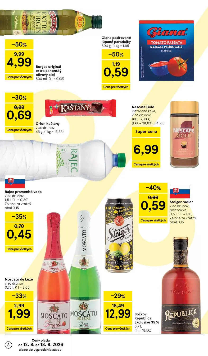 Tesco leták, strana 8 z 54 — Giana pasírované lúpané paradajky, Steiger radler