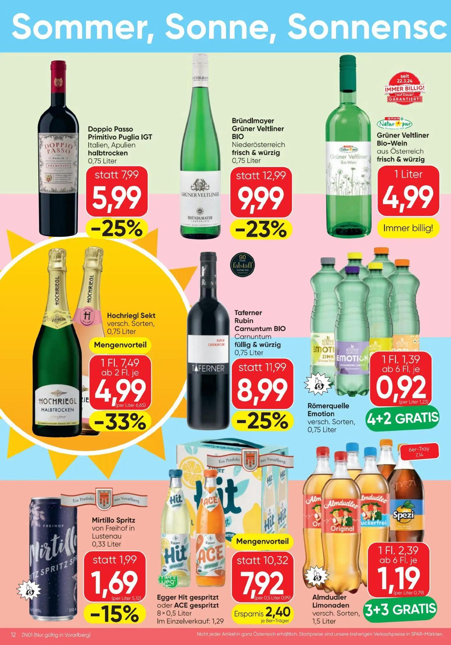 Spar Prospekt, Seite 12 von 20 — Egger Hit gespritzt oder ACE gespritzt, Almdudler Limonaden