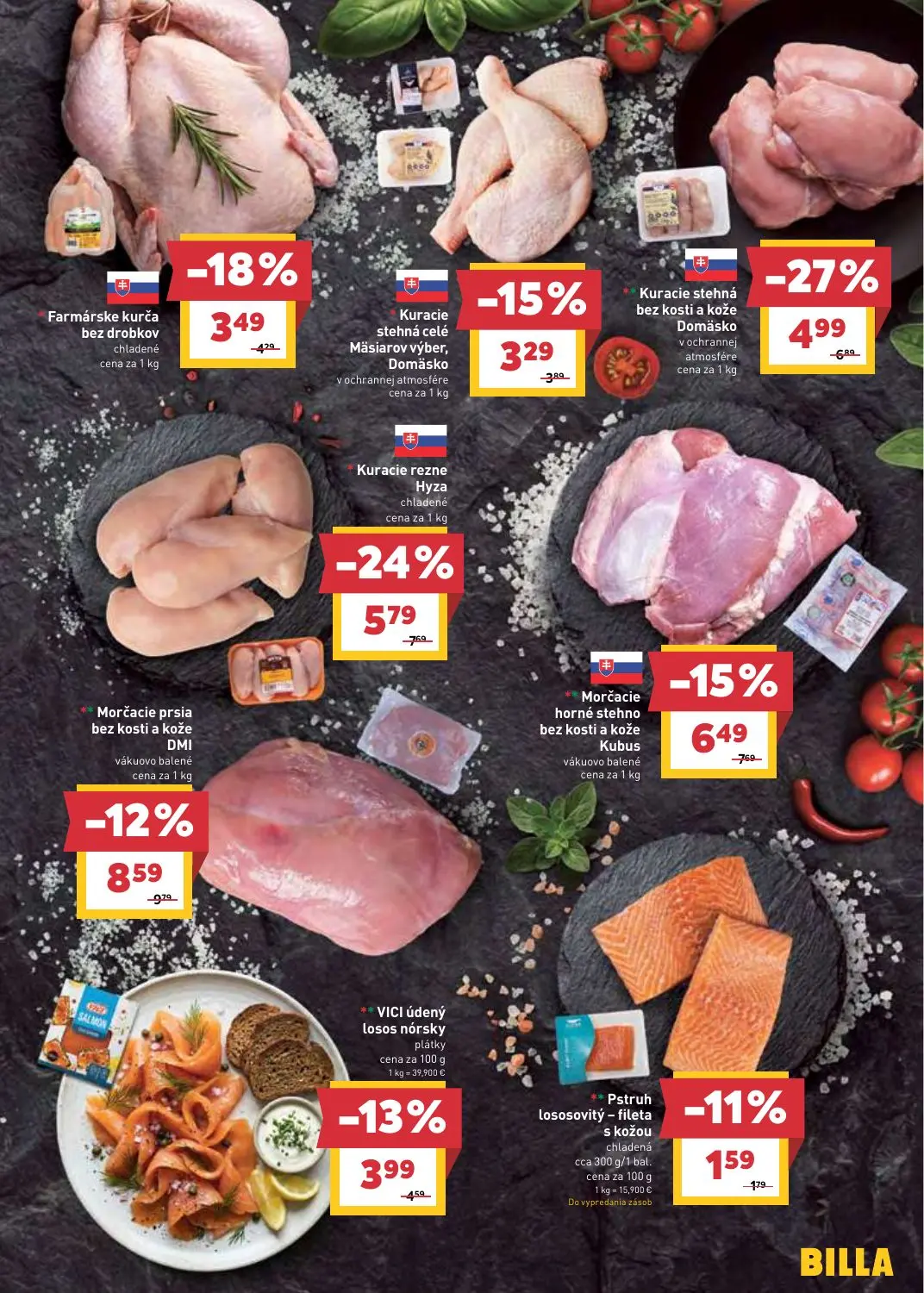 Billa leták, strana 5 z 33 — Kuracie stehná bez kosti a kože Domäsko, Kuracie rezne Hyza, Morčacie prsia bez kosti a kože DMI