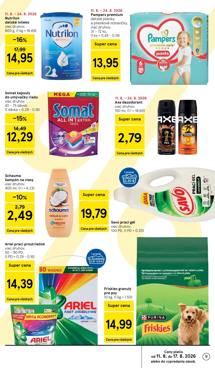Tesco leták, strana 9 z 54 — Nutrilon detské mlieko, Pampers premium detské plienky a plienkové nohavičky, Savo prací gél