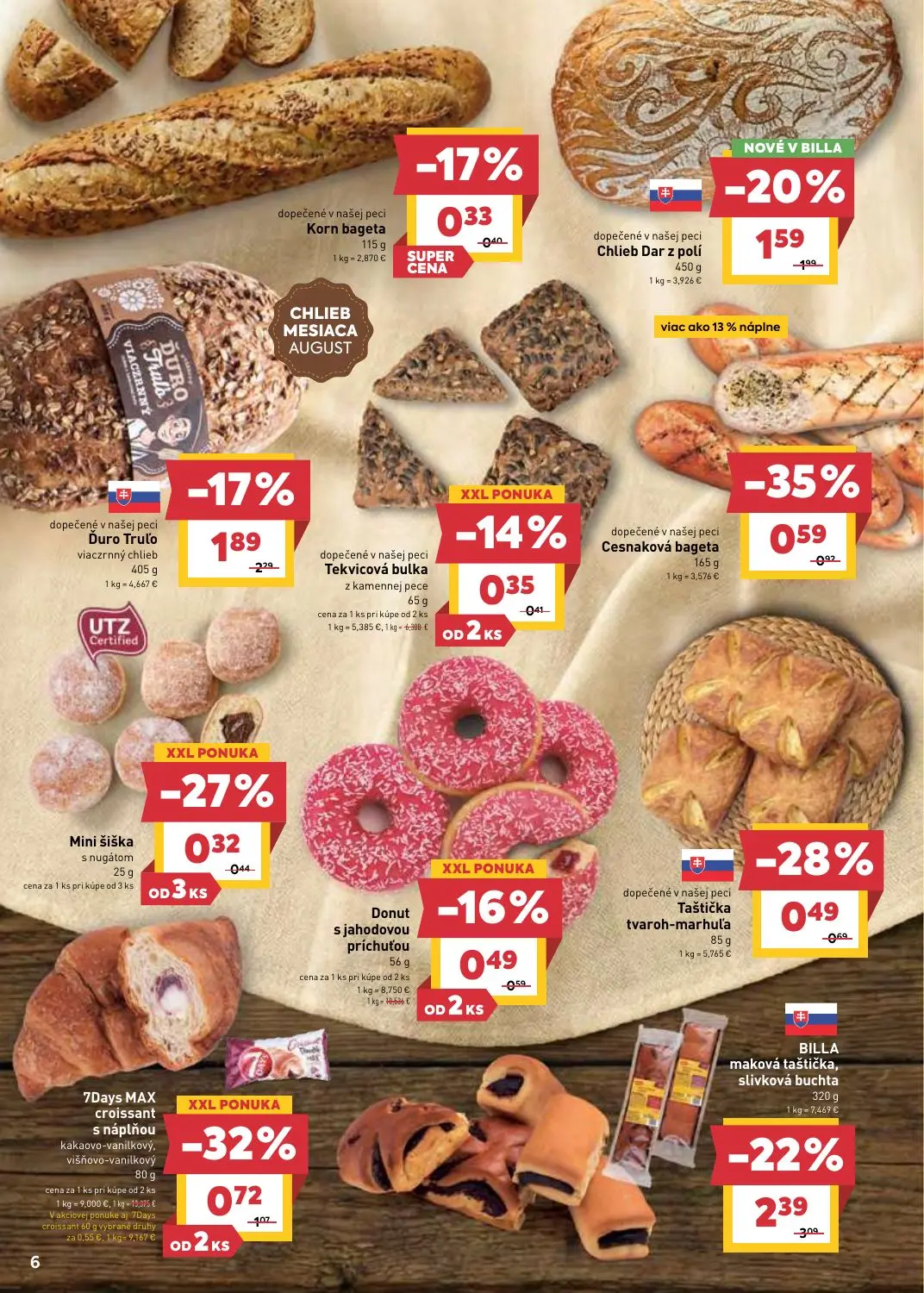 Billa leták, strana 6 z 33 — BILLA maková taštička, slivková buchta, Chlieb Dar z polí, Duro Truľo viaczrnný chlieb
