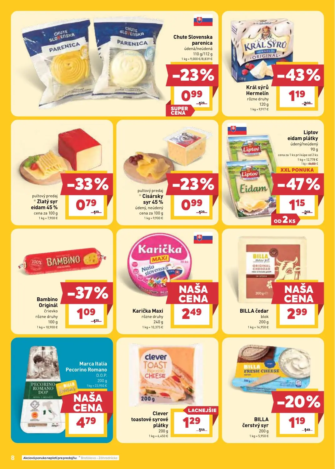 Billa leták, strana 8 z 33 — Liptov eidam plátky, Král sýrů Hermelín, Bambino Originál črievko