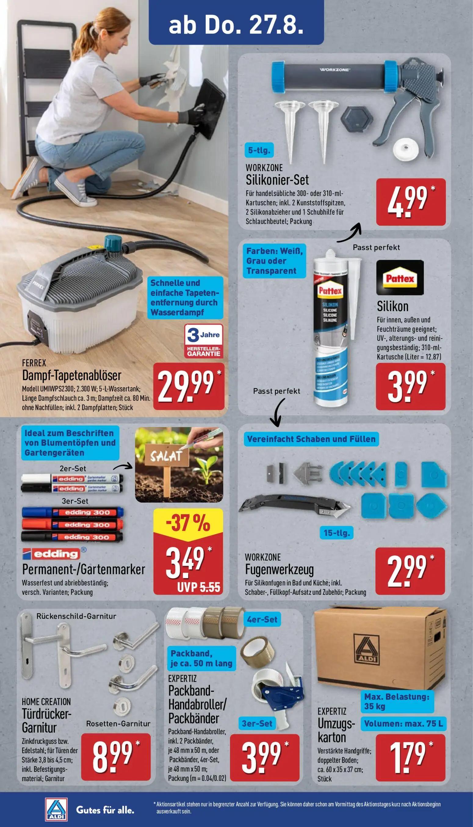 Aldi Nord Prospekt, Seite 13 von 14 — Permanent-/Gartenmarker, Dampf-Tapetenablöser, Silikonier-Set