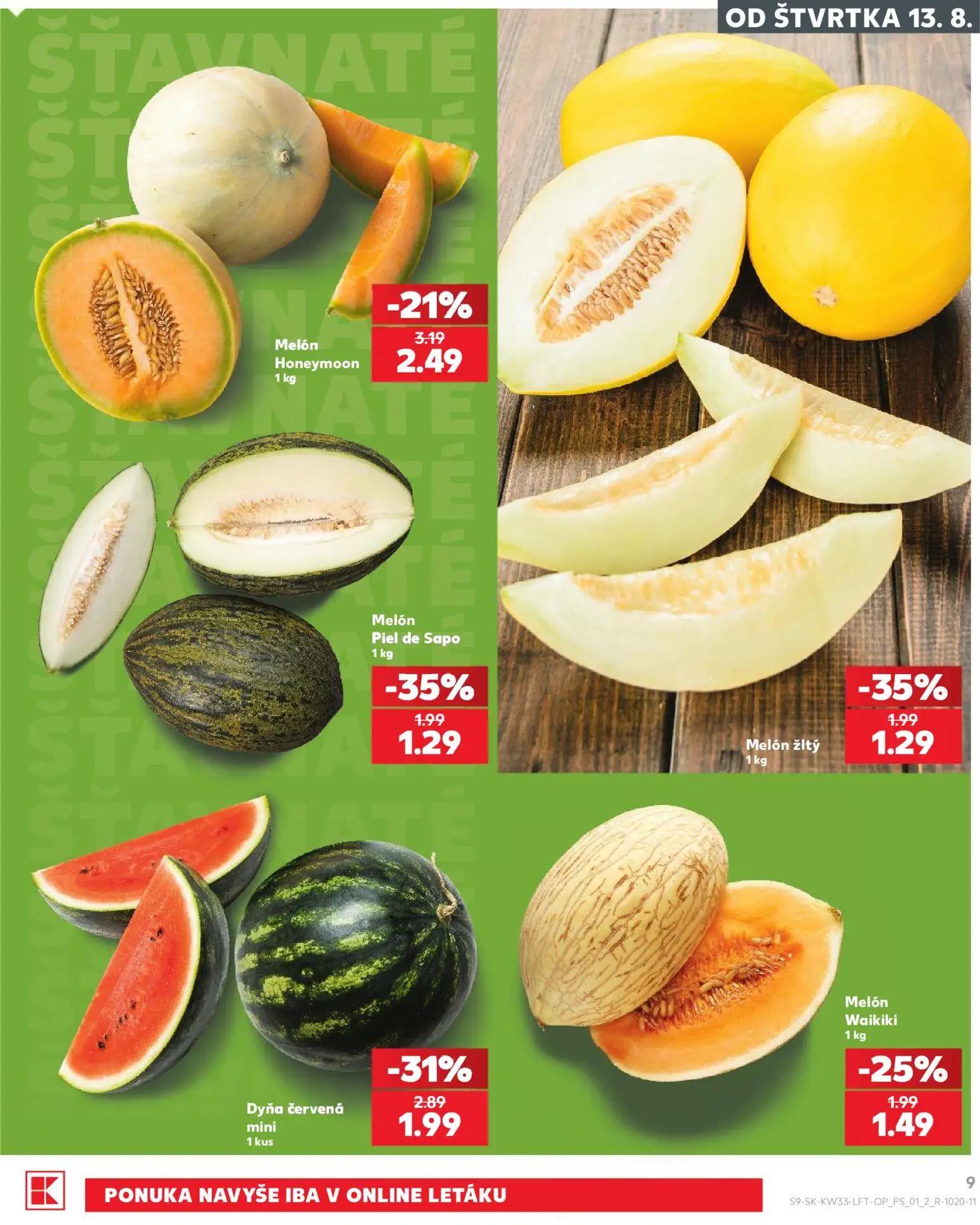 Kaufland leták, strana 9 z 80 — Dyňa červená mini, Melón Honeymoon, Melón Piel de Sapo