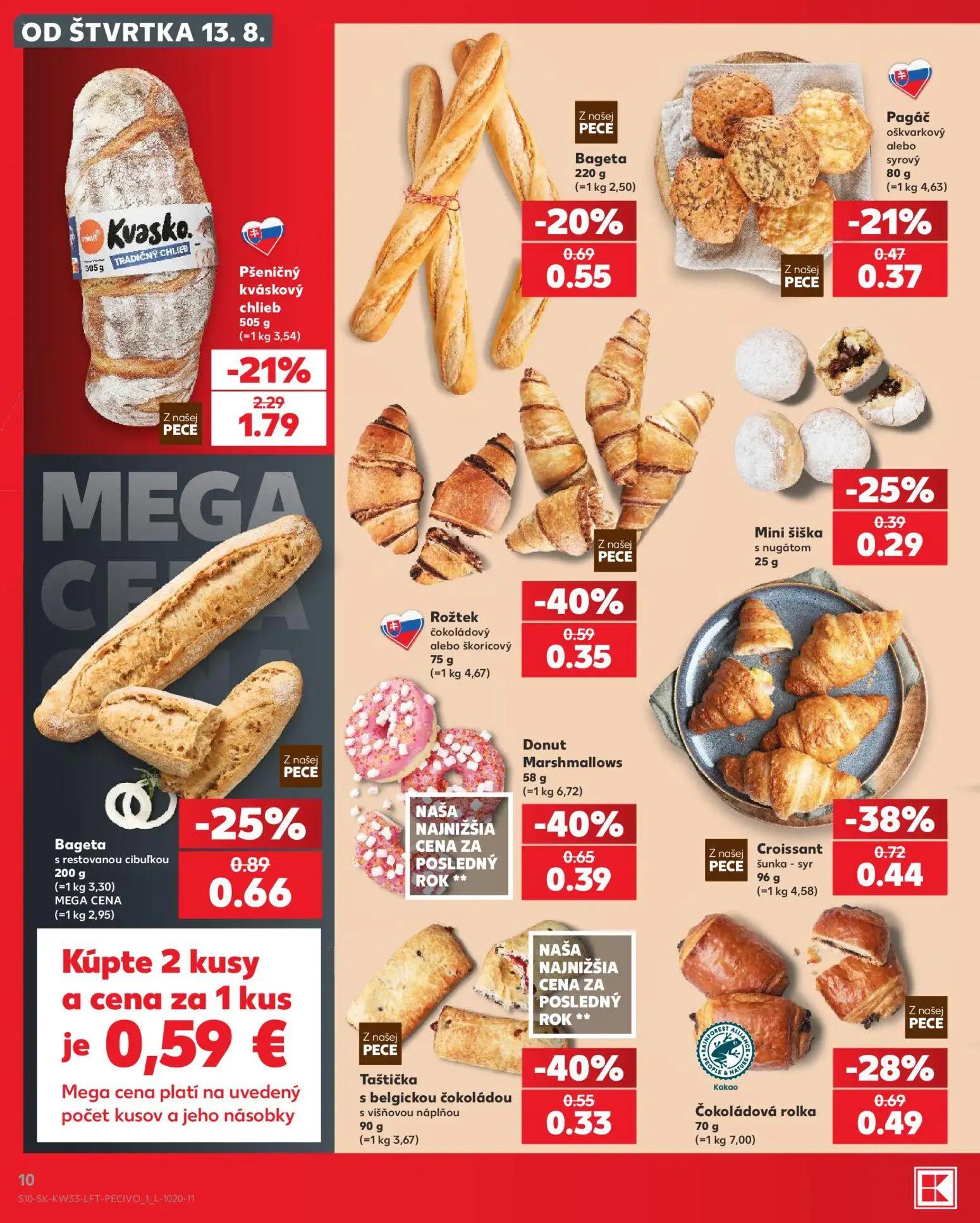 Kaufland leták, strana 10 z 80 — Pšeničný kváskový chlieb, Croissant šunka - syr, Donut Marshmallows