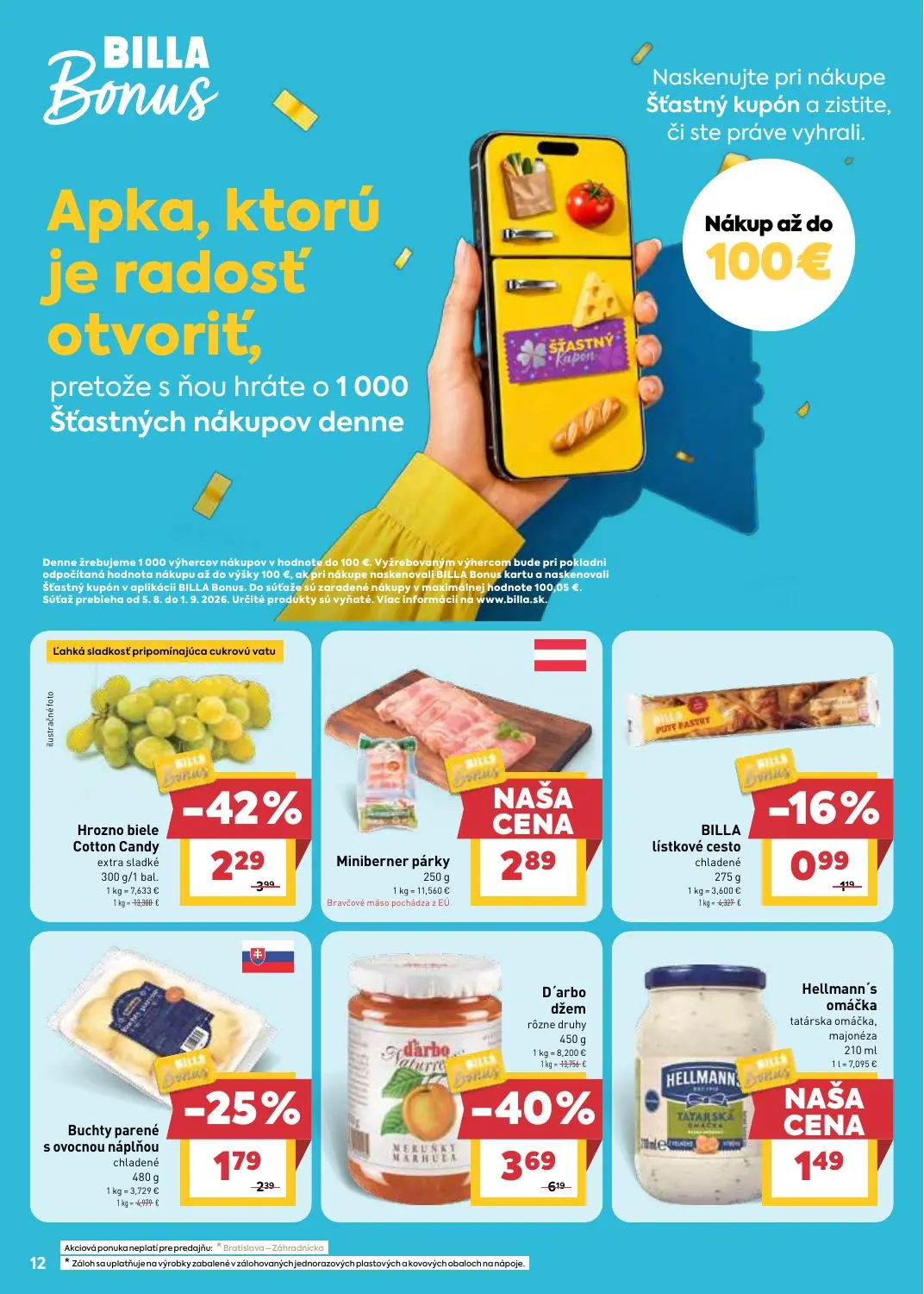 Billa leták, strana 12 z 33 — D'arbo džem rôzne druhy, Buchty parené s ovocnou náplňou chladené, BILLA lístkové cesto chlade…