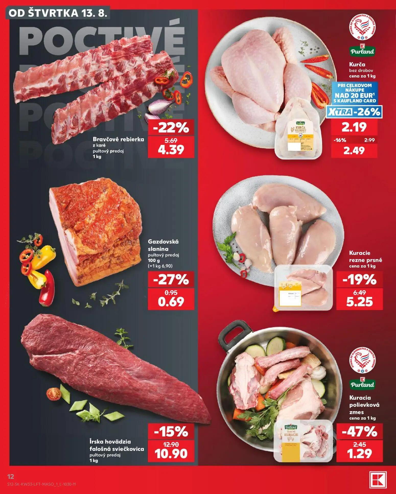 Kaufland leták, strana 12 z 80 — Írska hovädzia falošná sviečkovica, Bravčové rebierka z karé, Kuracie rezne prsné