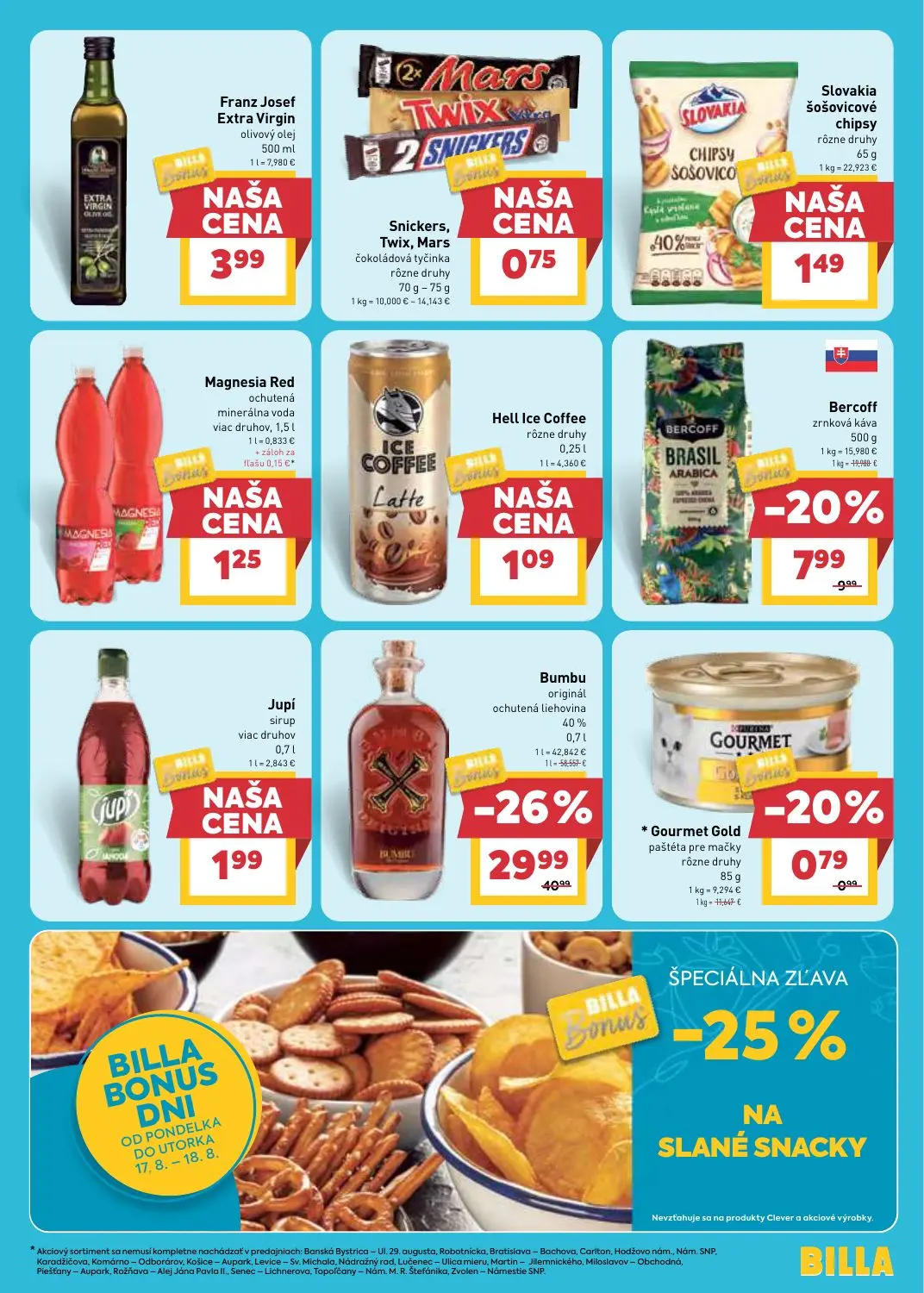 Billa leták, strana 13 z 33 — Bumbu originál ochutená liehovina, Bercoff zrnková káva, Franz Josef Extra Virgin olivový olej
