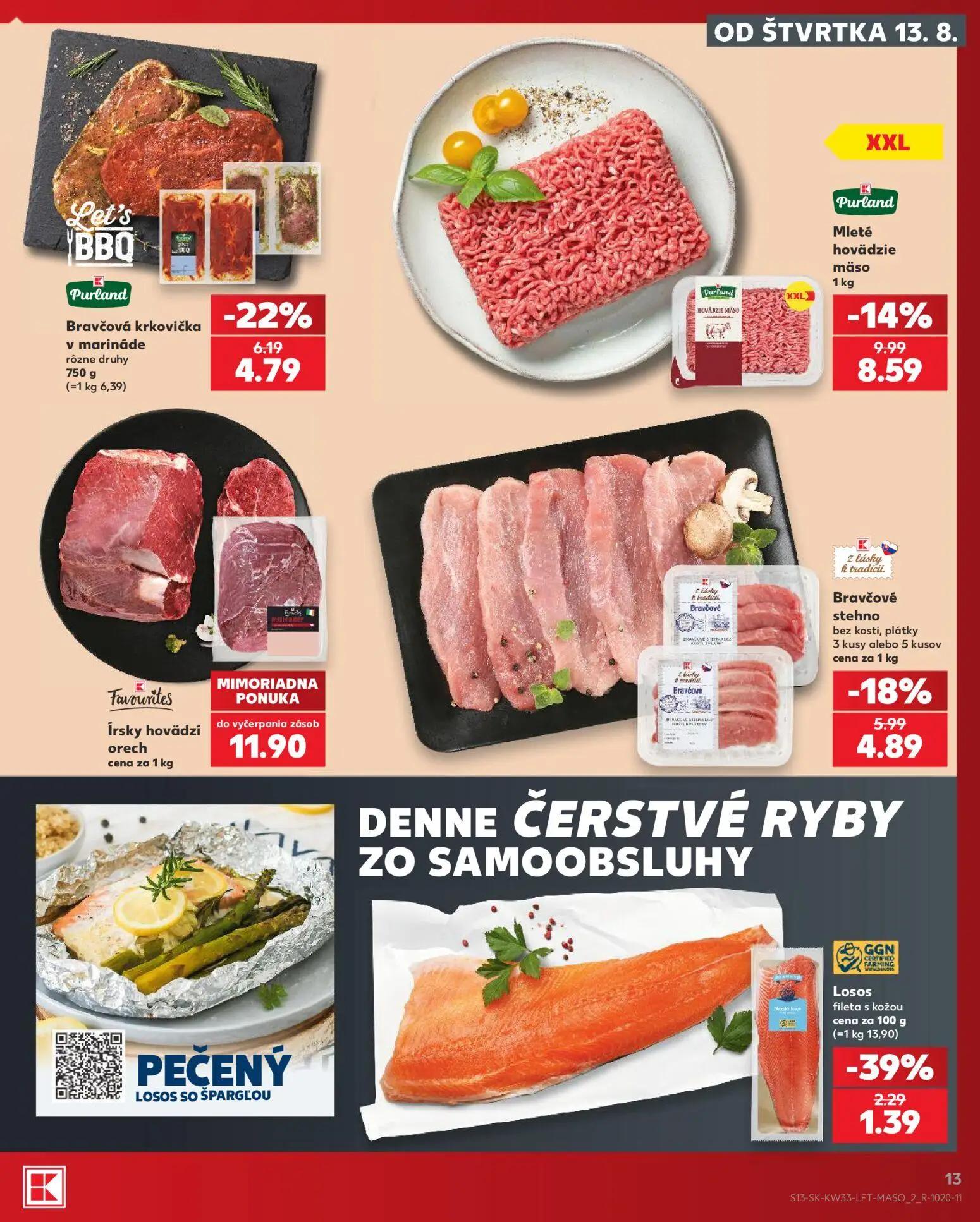 Kaufland leták, strana 13 z 80 — Bravčová krkovička v marináde, Mleté hovädzie mäso, Bravčové stehno bez kosti, plátky