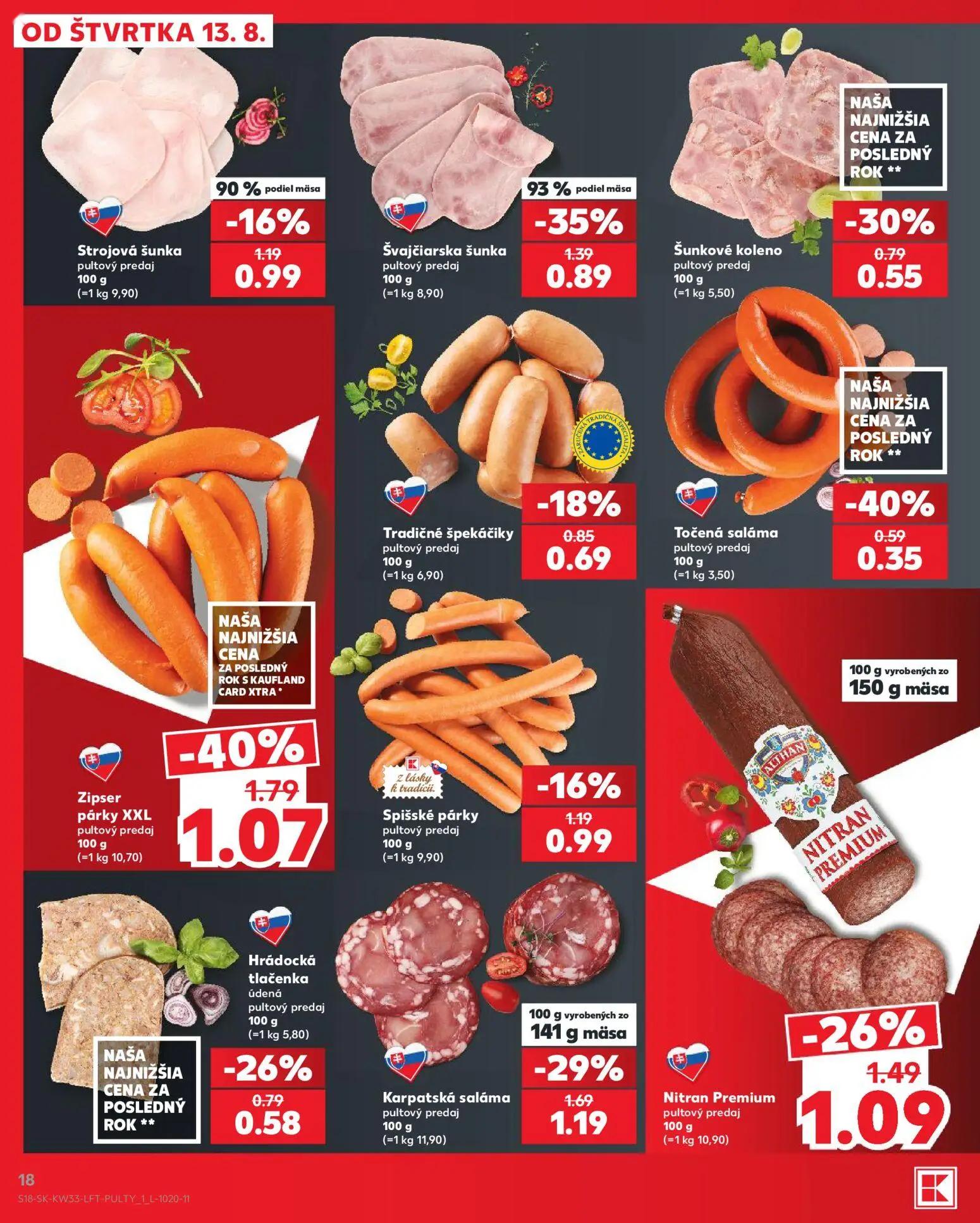 Kaufland leták, strana 18 z 80 — Zipser párky XXL pultový predaj, Švajčiarska šunka pultový predaj, Karpatská saláma pultový…