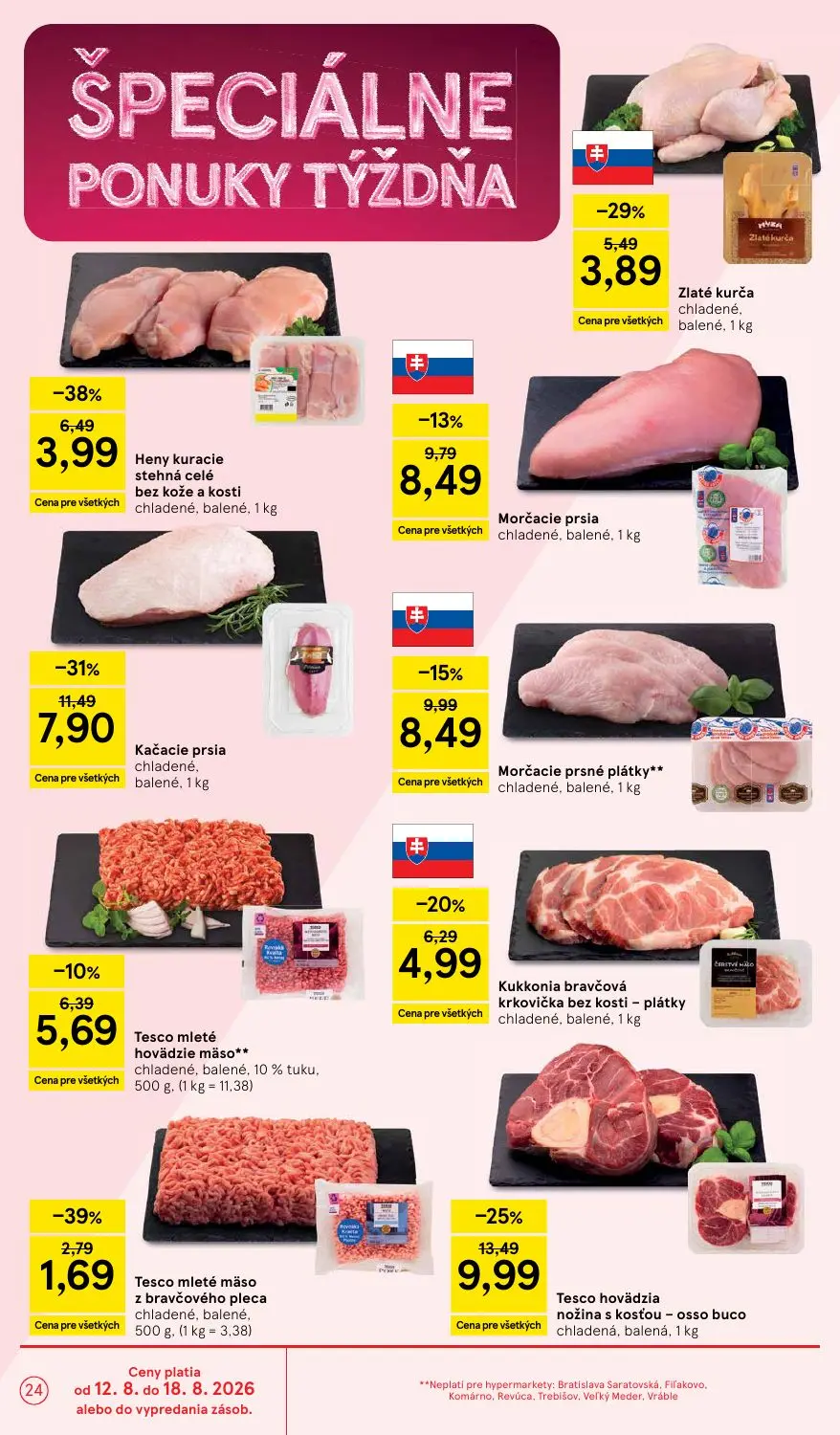 Tesco leták, strana 24 z 54 — Heny kuracie stehná celé bez kože a kosti, Tesco mleté mäso z bravčového pleca