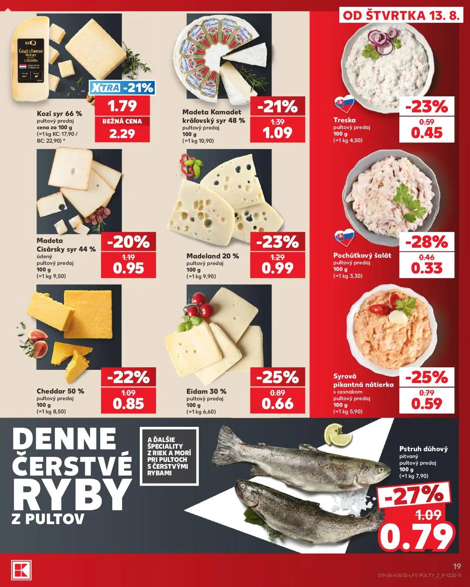 Kaufland leták, strana 19 z 80 — Kozí syr 66%, Madeta Kamadet kráľovský syr 48%, Madeland 20%