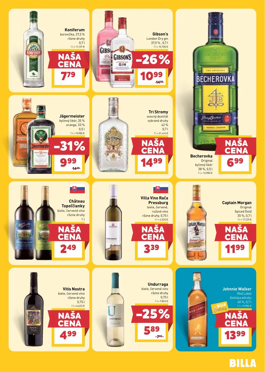Billa leták, strana 21 z 33 — Jägermeister bylinný likér, Gibson's London Dry gin, Undurraga
