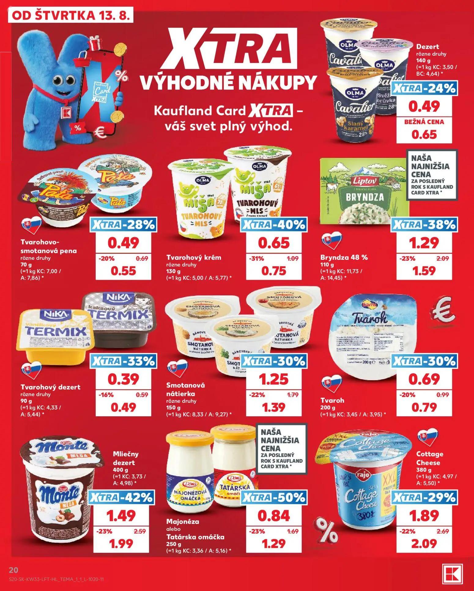 Kaufland leták, strana 20 z 80 — Mliečny dezert Monte, Majonéza alebo Tatárska omáčka, Bryndza 48%