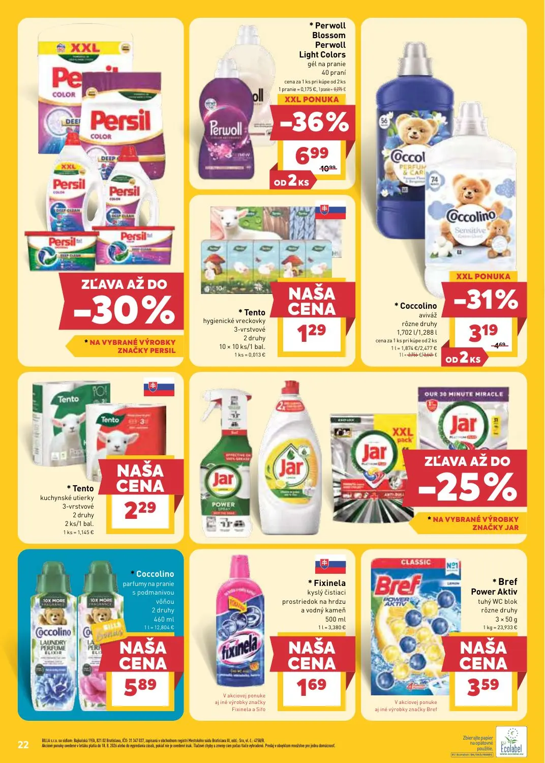 Billa leták, strana 22 z 33 — Perwoll Blossom Perwoll Light Colors, Coccolino aviváž, Tento hygienické vreckovky