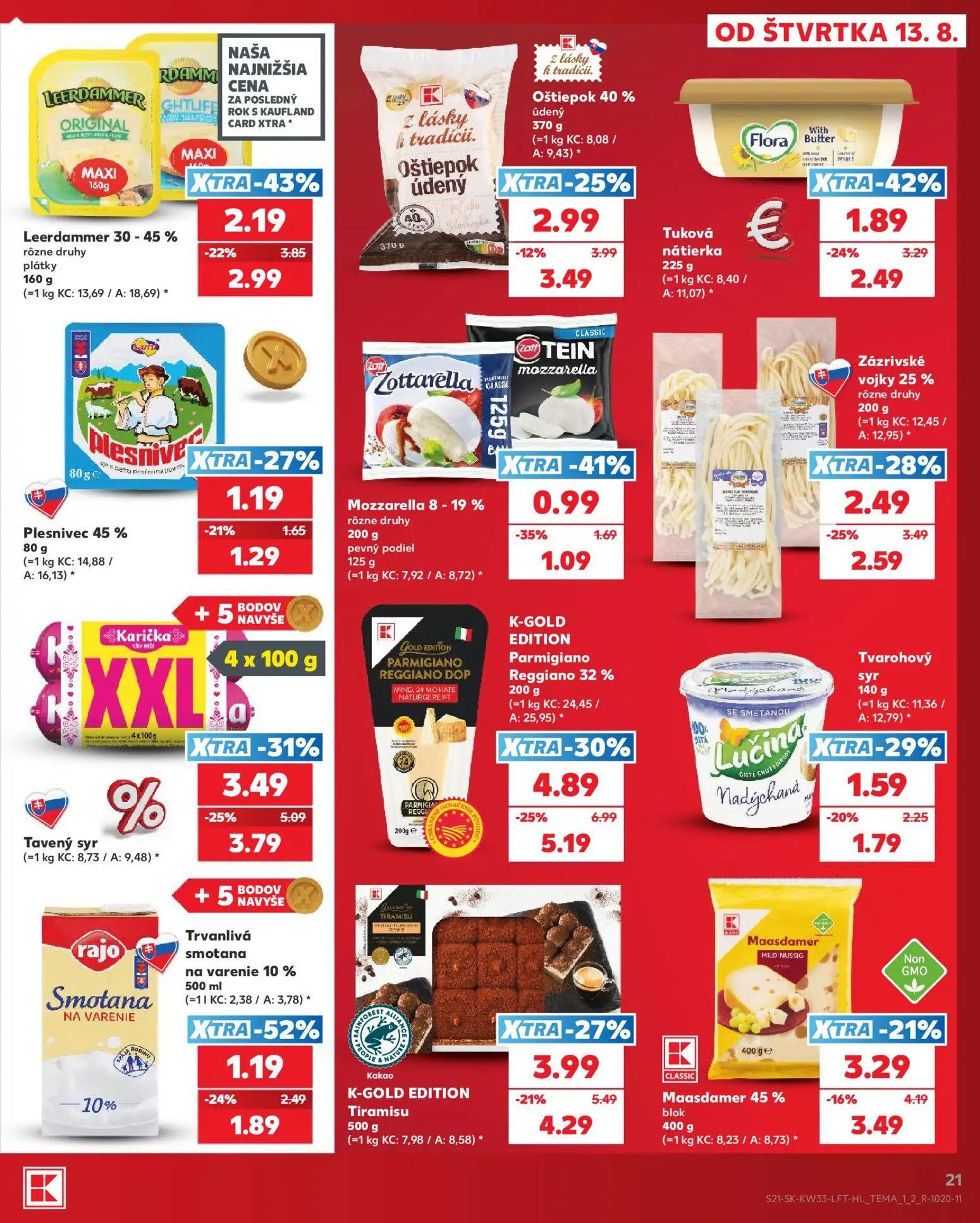 Kaufland leták, strana 21 z 80 — K-GOLD EDITION Parmigiano Reggiano 32%, Leerdammer 30 - 45%, Tavený syr
