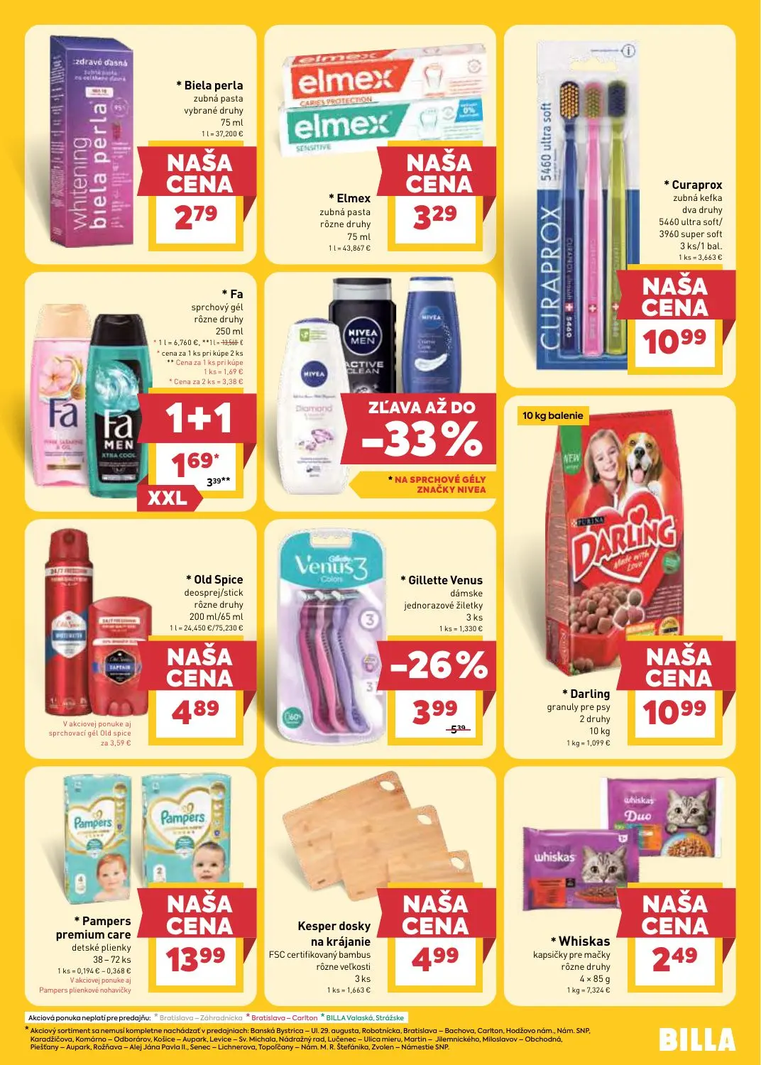 Billa leták, strana 23 z 33 — Fa sprchový gél, Gillette Venus dámske jednorazové žiletky, Biela perla zubná pasta
