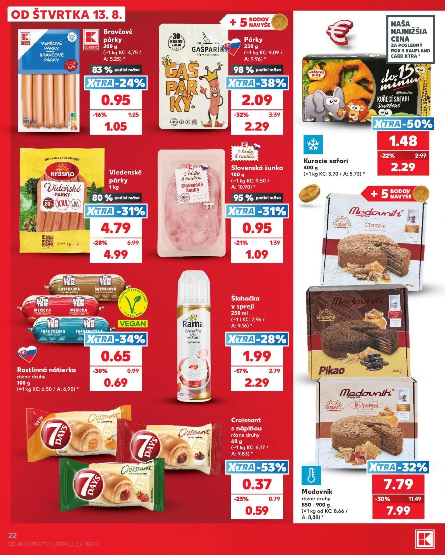 Kaufland leták, strana 22 z 80 — Medovník rôzne druhy, Vídeňské párky, Kuracie safari
