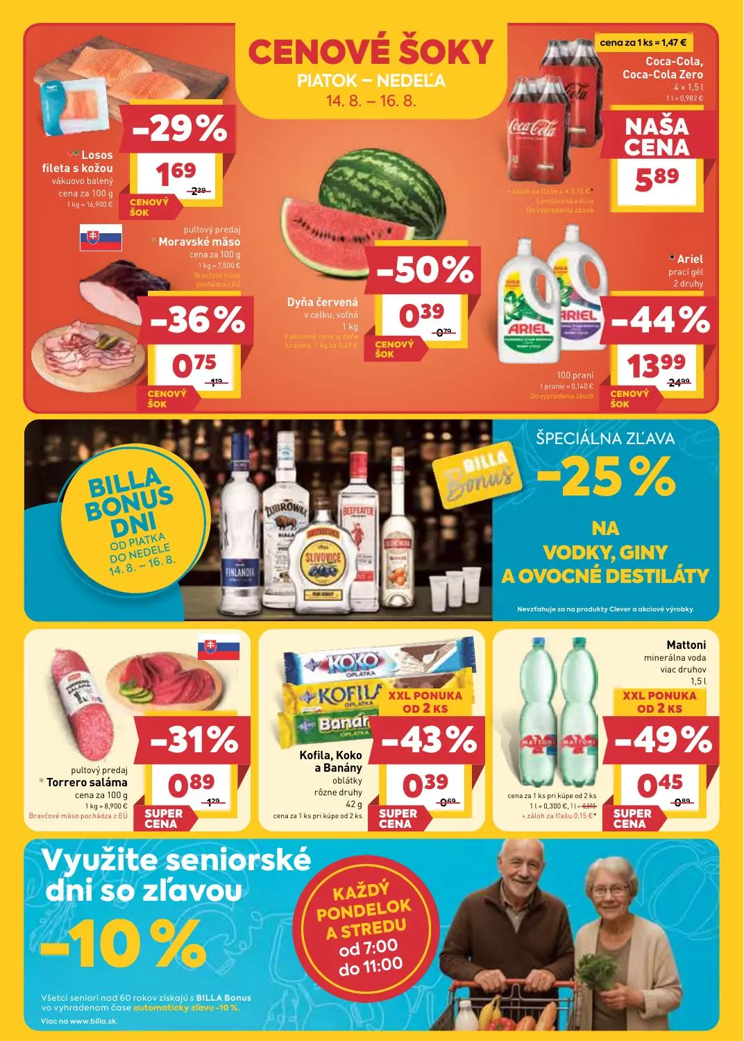 Billa leták, strana 24 z 33 — Ariel prací gél, Losos fileta s kožou, Moravské mäso