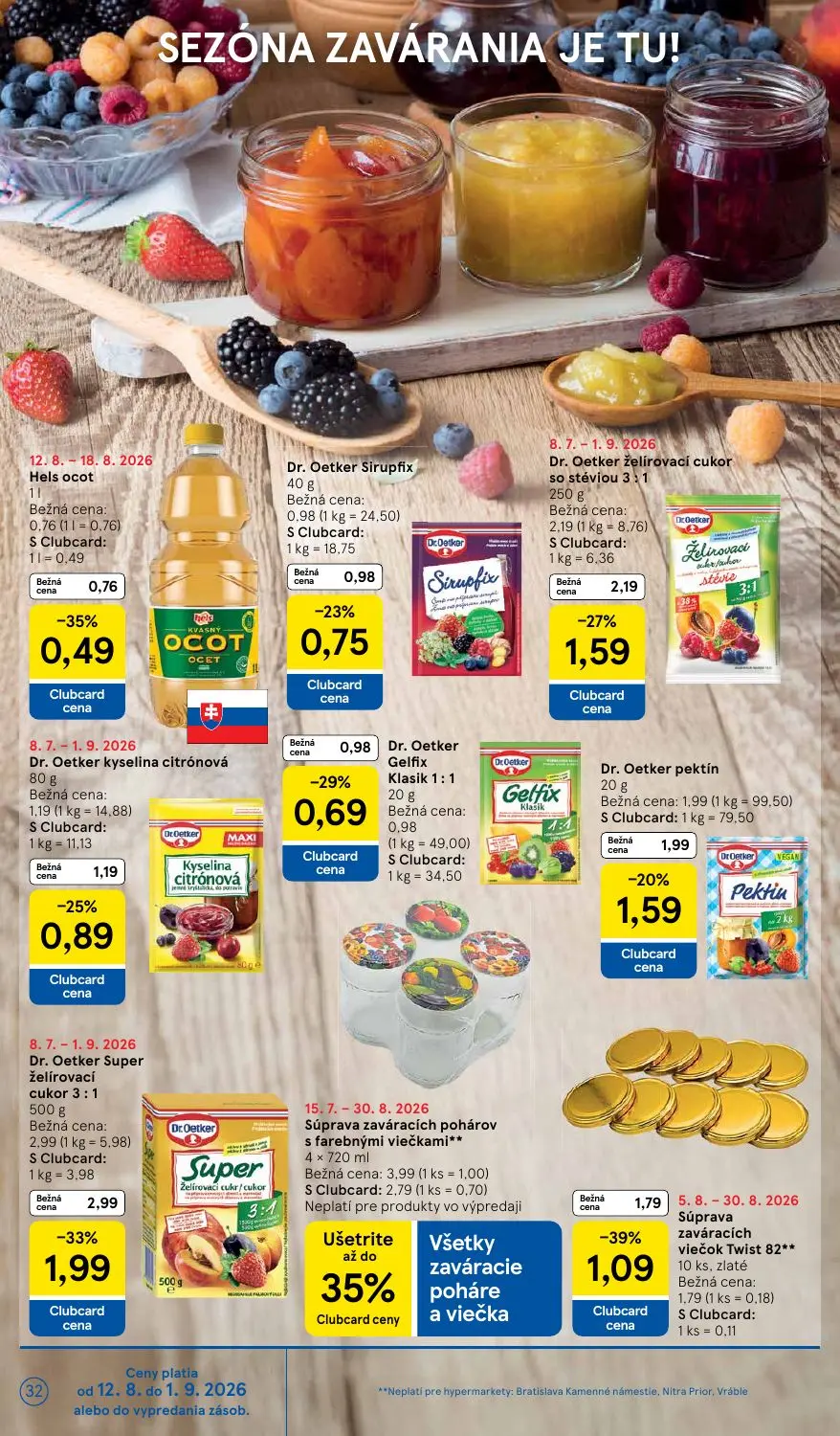 Tesco leták, strana 32 z 54 — Dr. Oetker želírovací cukor so stéviou 3:1, Dr. Oetker kyselina citrónová, Dr. Oetker Gelfix K…