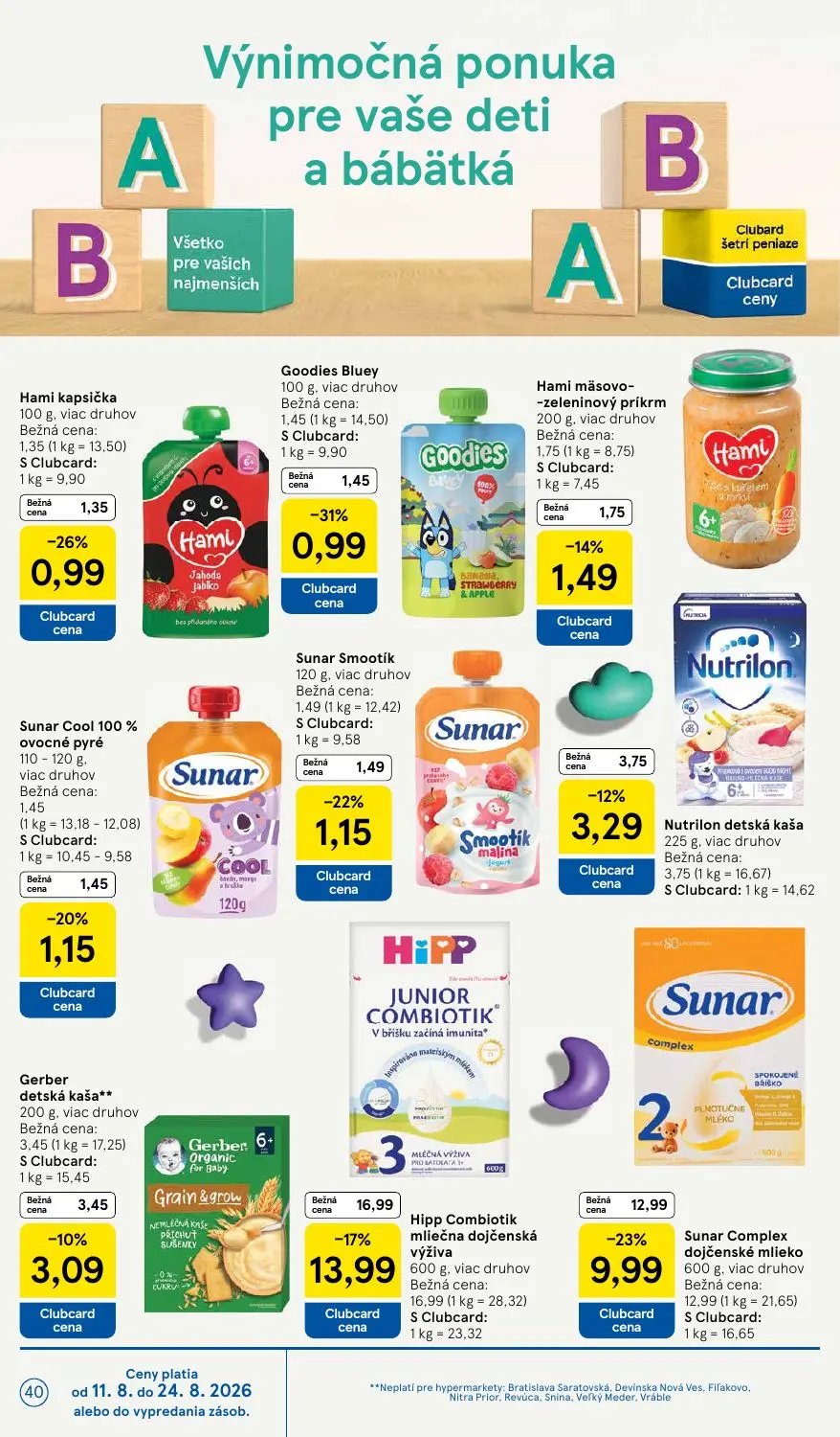 Tesco leták, strana 40 z 54 — Hipp Combiotik mliečna dojčenská výživa, Sunar Complex dojčenské mlieko, Sunar Smootík