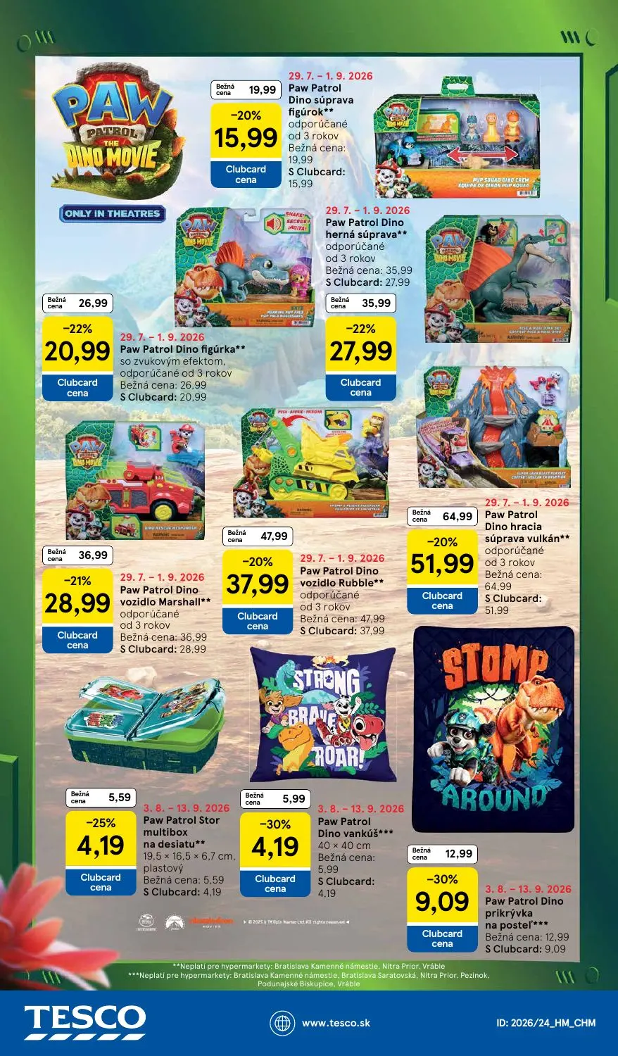 Tesco leták, strana 54 z 54 — Paw Patrol Dino hracia súprava vulkán, Paw Patrol Dino vozidlo Rubble, Paw Patrol Dino herná s…