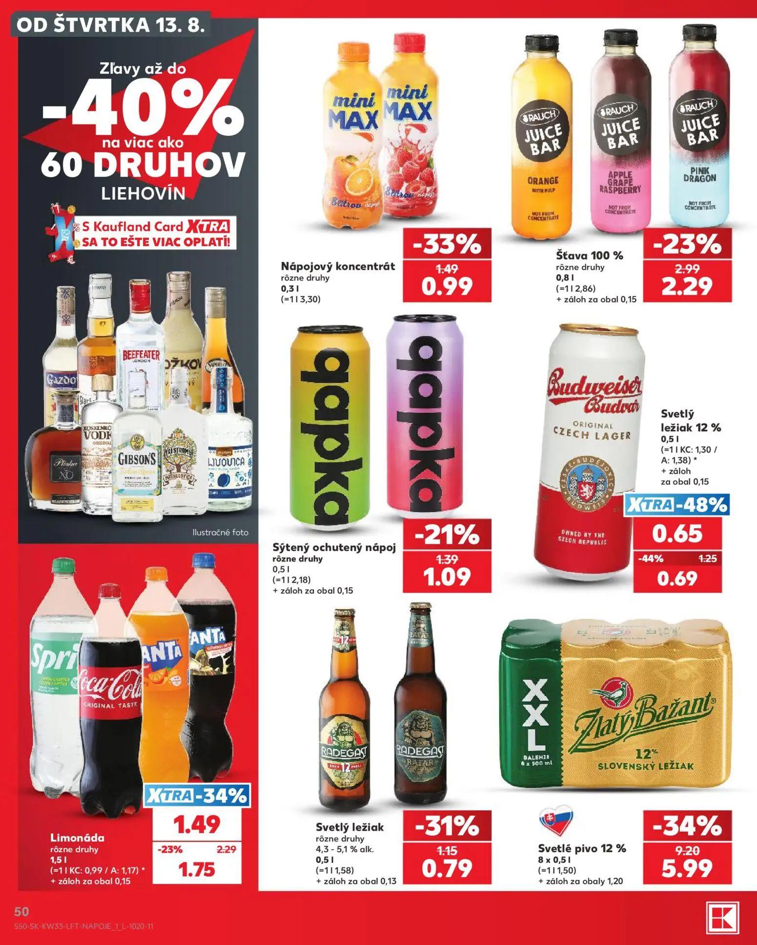 Kaufland leták, strana 50 z 80 — Svetlé pivo 12%, Limonáda, Šťava 100%
