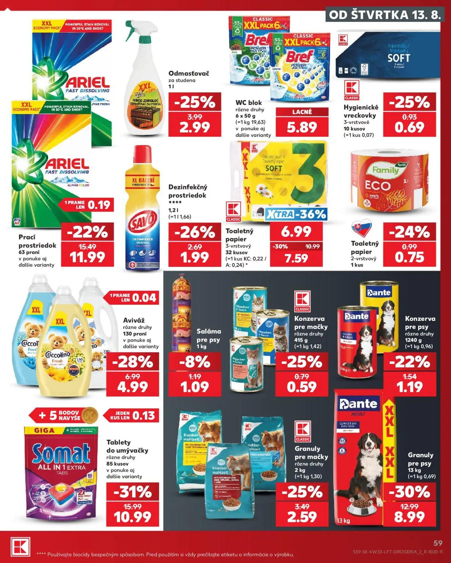 Kaufland leták, strana 59 z 80 — Prací prostriedok, Toaletný papier 3-vrstvový, Aviváž rôzne druhy