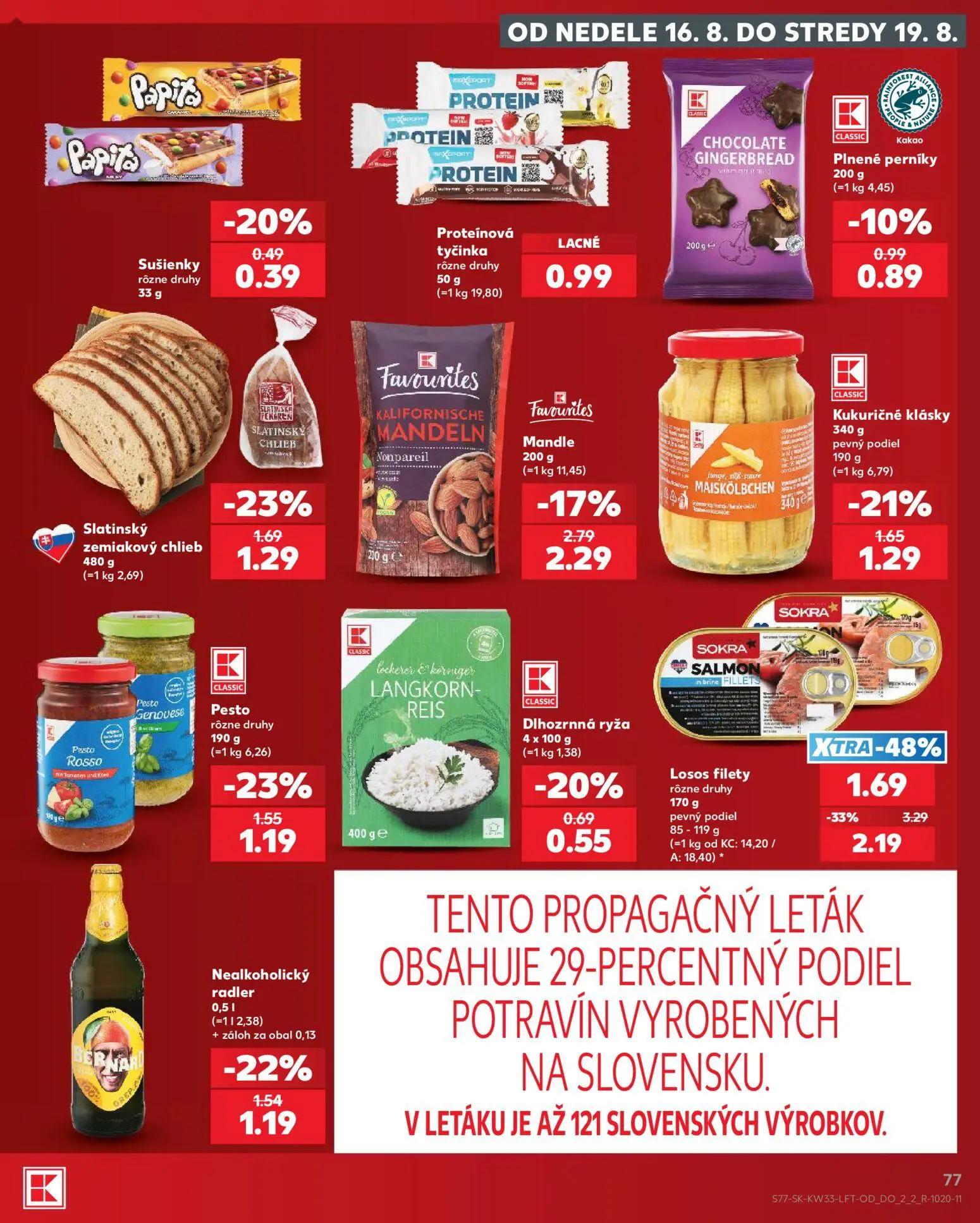 Kaufland leták, strana 77 z 80 — Losos filety, Mandle, Slatinský zemiakový chlieb